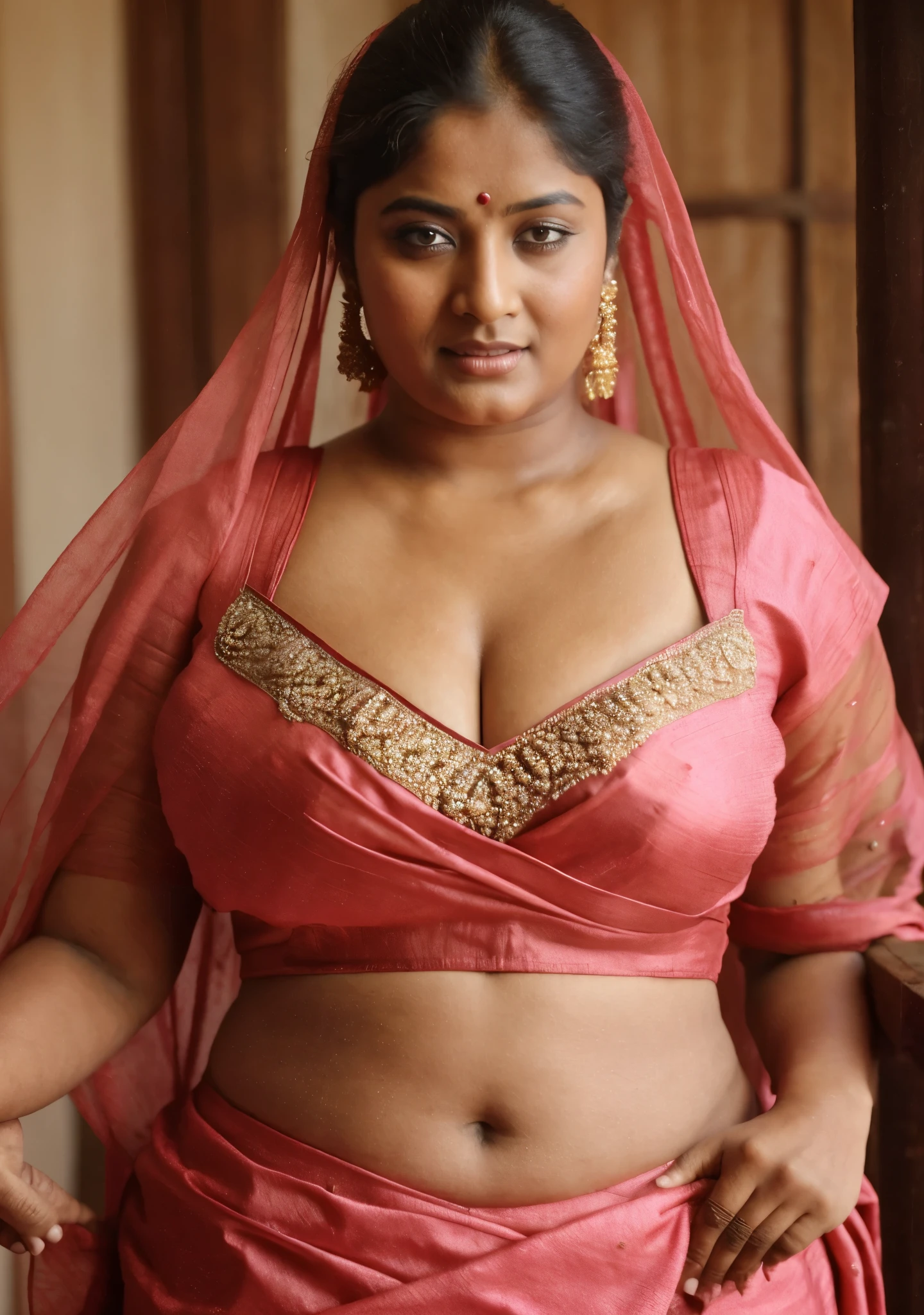arafed woman in a pink sari, looks like Sandeepa Dhar, thick figure, curvy, traditional beauty, hindu aesthetic, assamese aesthetic, traditional makeup, indian goddess, indian girl with brown skin, wearing bihu dress mekhela sador, indian style, indian, gorgeous woman, south east asian with round face, a stunning portrait of a goddess, beautiful himalayan woman