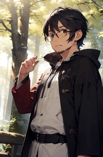 1man, facing the camera, thin, glasses, ((stern face)), ((goatee)), ((fantasy clothes)), ((crisp)), ((detailed)), ((forest background)), ((ranger))