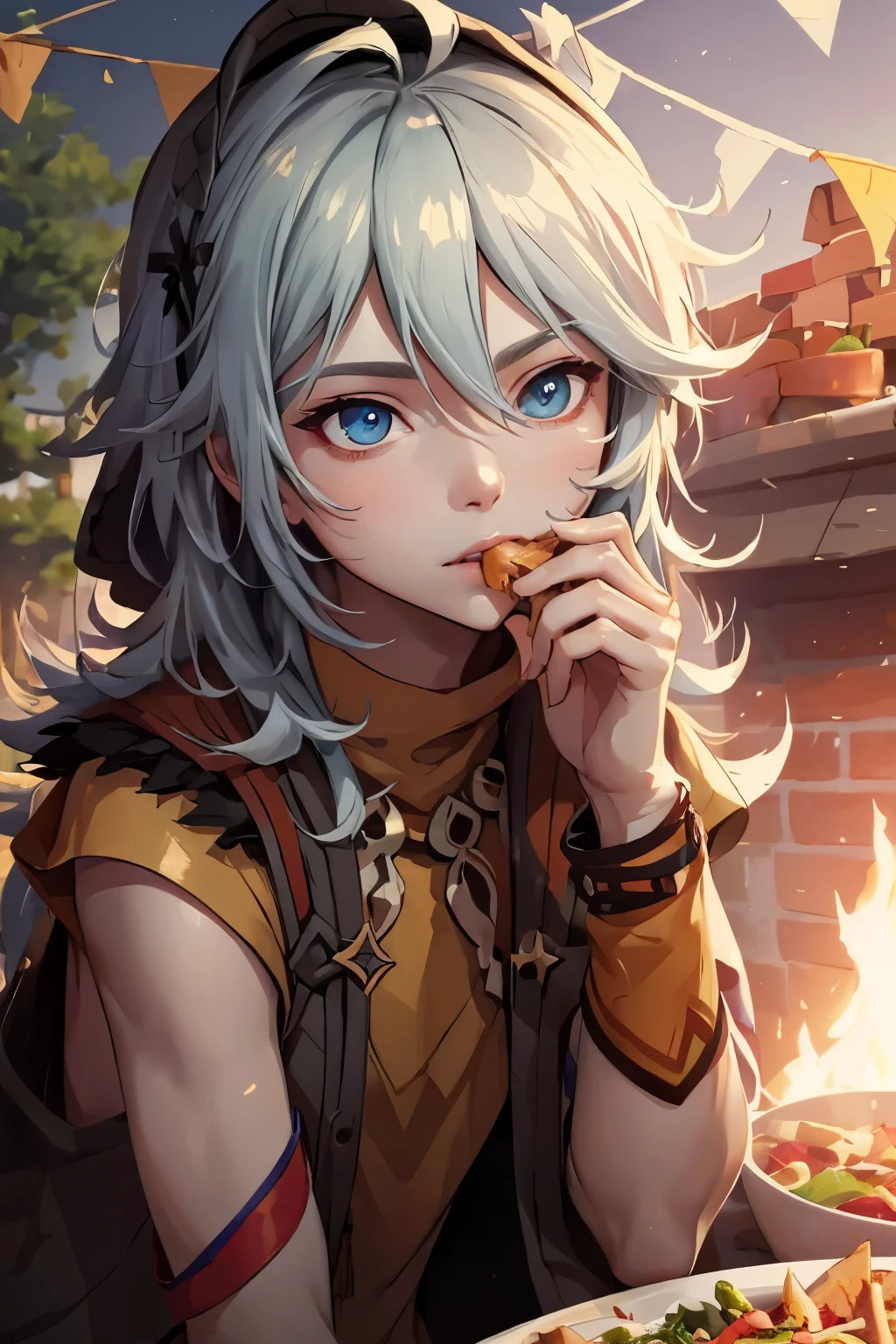 (aesthetically pleasing youth, appetizingly eating a kebab by the bonfire),illustration,oil painting,crisp details,vibrant colors,playful atmosphere,rich textures,medium:portrait,emphasized facial features,beautiful eyes,stunning lips,sharp focus,realistic lighting,summer night ambiance,subtle warm color tones