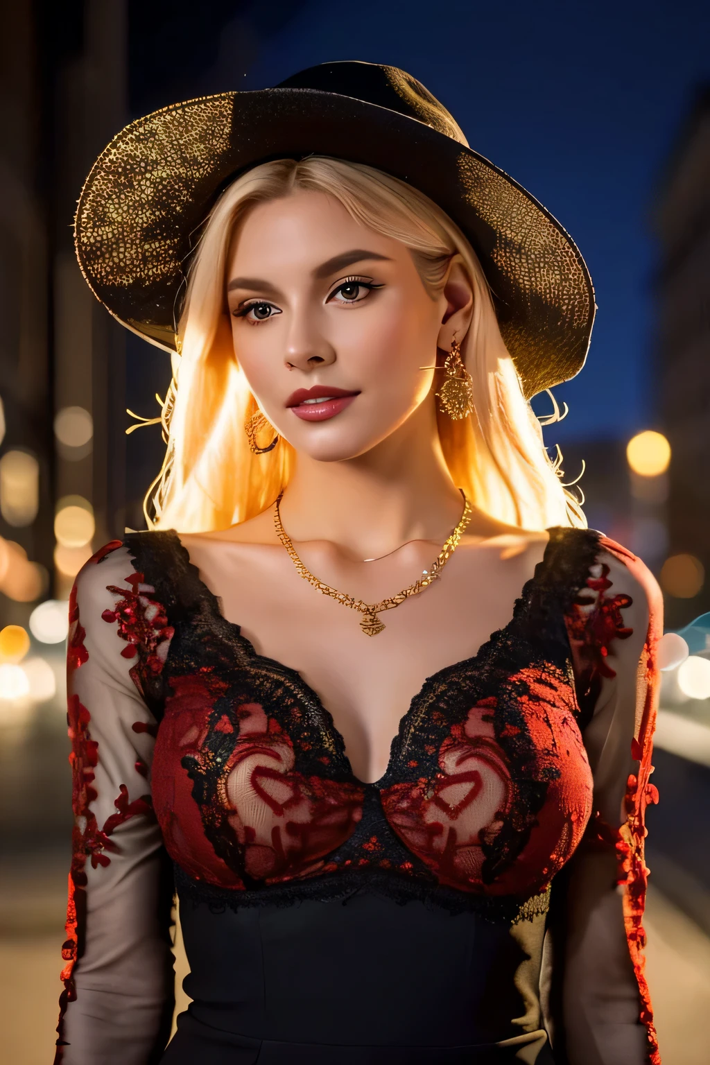 Half body of a blonde woman, delicate face and ideal figure, front view, large breasts, black hat, dressed in elegant red and gold lace dress, adorned with necklace and earrings, night background, illuminated street, side light, poses gracefully, personifying aesthetically enhanced beauty, 8k, hdr.
