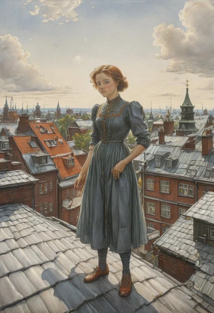 Person Standing on the Rooftop, by Elsa Beskow, best quality, masterpiece, very aesthetic, perfect composition, intricate details, ultra-detailed