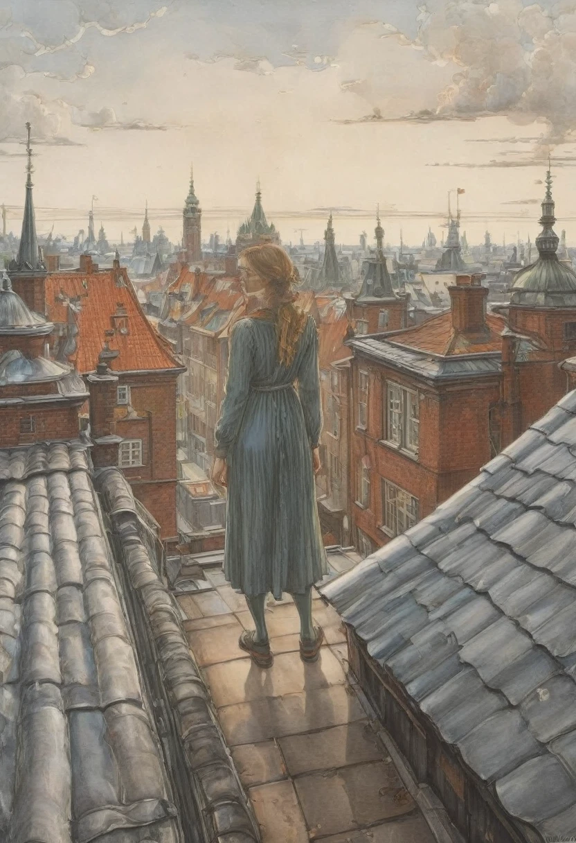 Person Standing on the Rooftop, by Elsa Beskow, best quality, masterpiece, very aesthetic, perfect composition, intricate details, ultra-detailed