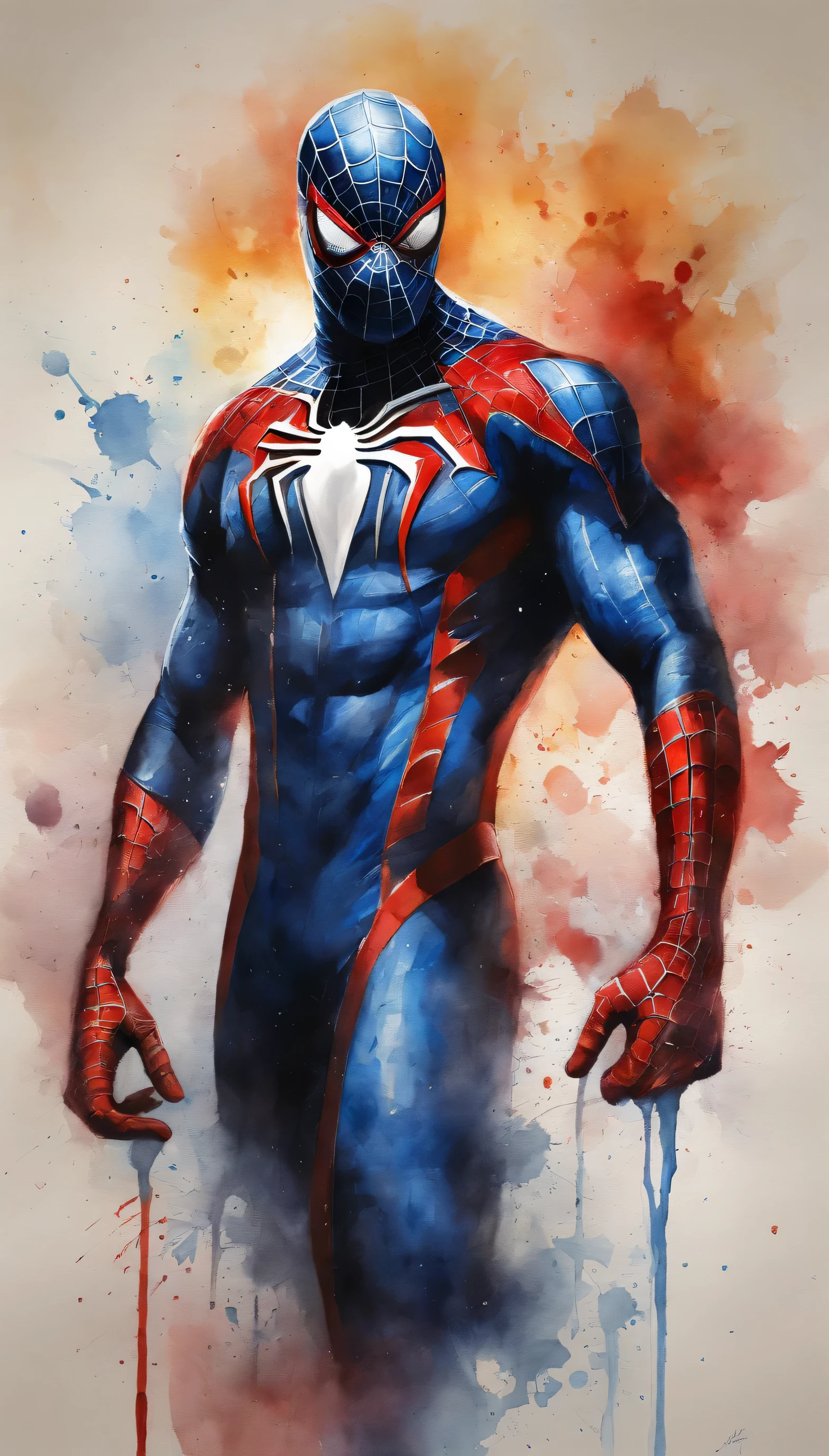 Homem aranha,realista,hiper realismo, Athletic muscle,com o trage vermelho e azul saturado com textura. E uma jaqueta por cima do traje