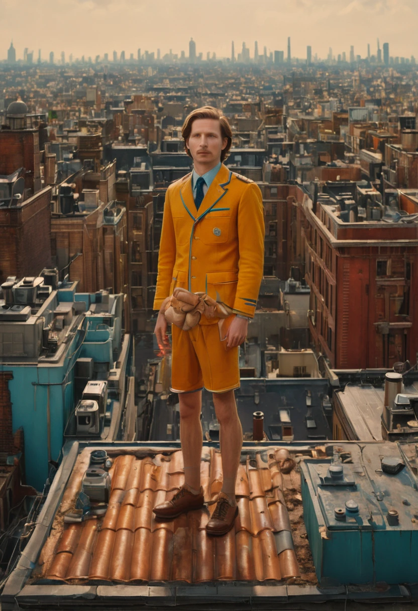 Person Standing on the Rooftop, by Wes Anderson, best quality, masterpiece, very aesthetic, perfect composition, intricate details, ultra-detailed