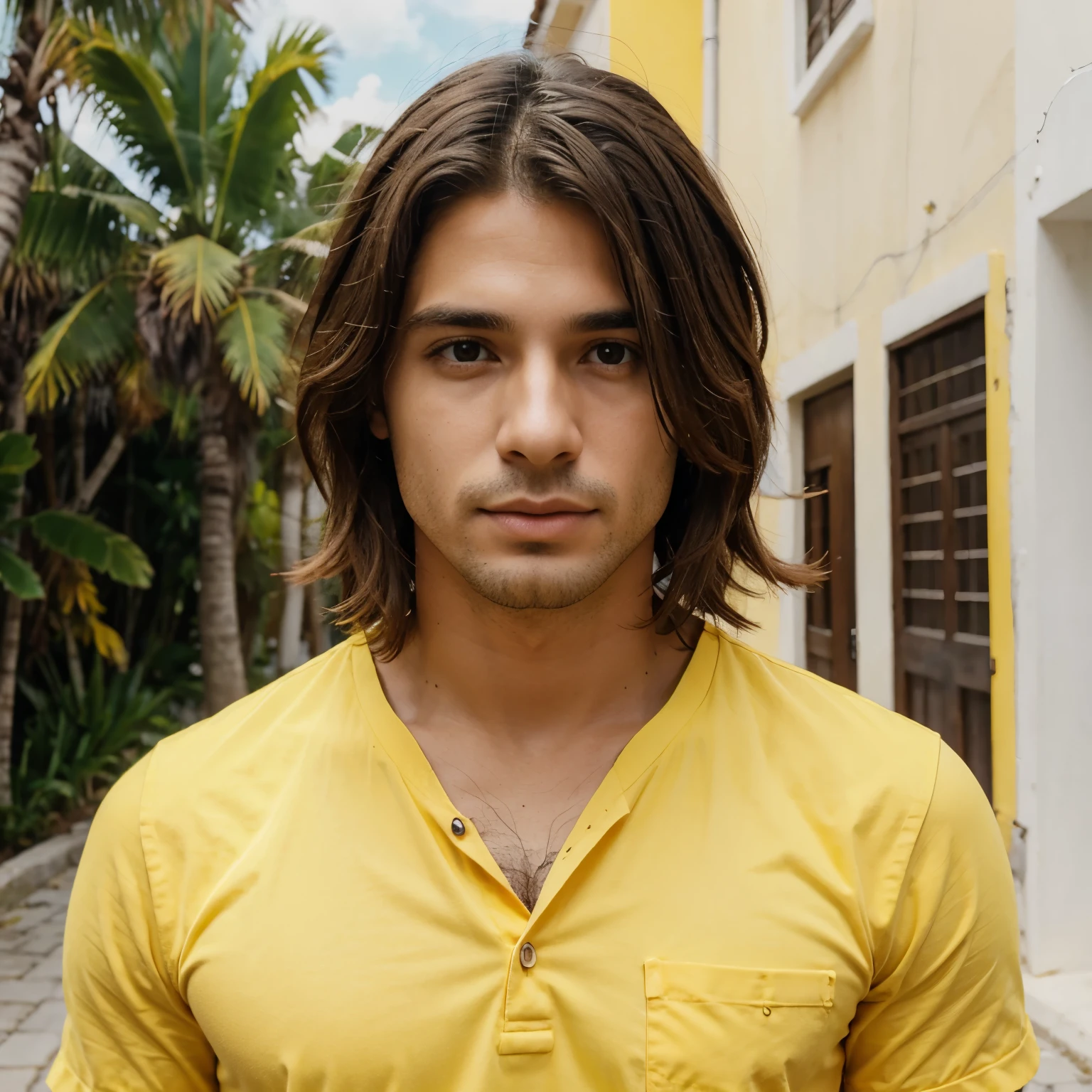 Um homem alto ,cabelo crespo,bermuda , camisa amarela,olhos castanhos