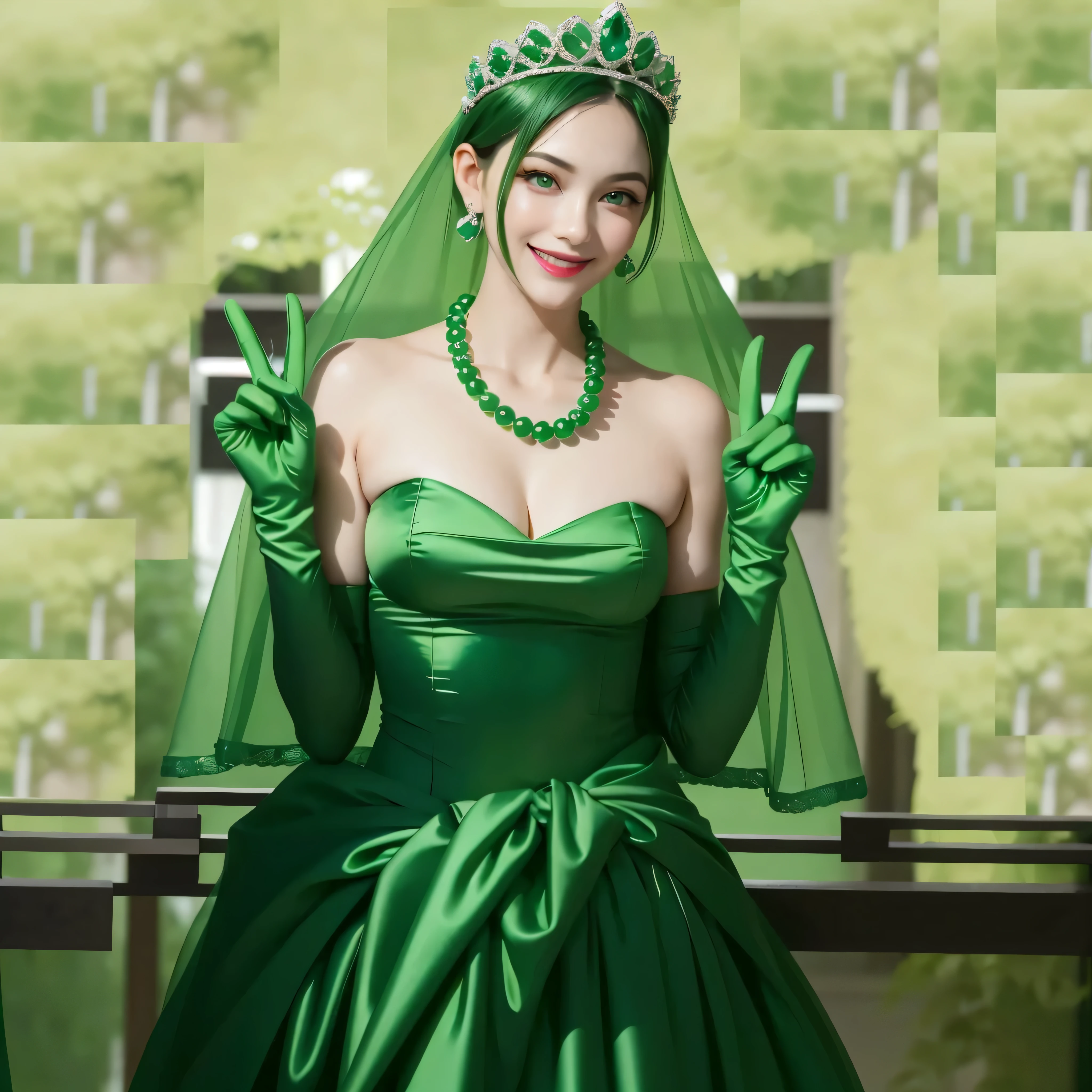 Emerald tiara, Green Pearl Necklace, Boyish Very Short Green Hair, Green Lips, Smiling Japanese woman, Very short hair, Busty beautiful lady, Green Eyes, Green satin gloves, Green Eyes, emerald earrings, Green veil, Heart with both hands, Green Hair, Beautiful Japanese Woman, Heart shaped hands:1.3, green lip gloss
