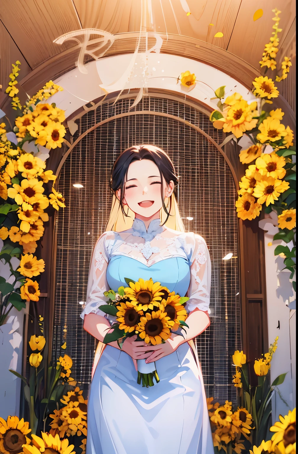 A beautiful with long black hair, wearing glasses and smiling, holding a bouquet of sunflowers and red roses. The vibrant colors of the flowers and the girl's outfit create a lively and joyful atmosphere. The image is of ultra-detailed quality, with a resolution of 8k, highres, and a touch of a masterpiece at a 1.2 level. The focus of the image is cinematic, capturing the girl's expression and the flowers in sharp detail. The girl's eyes are closed, adding a sense of tranquility and contentment.