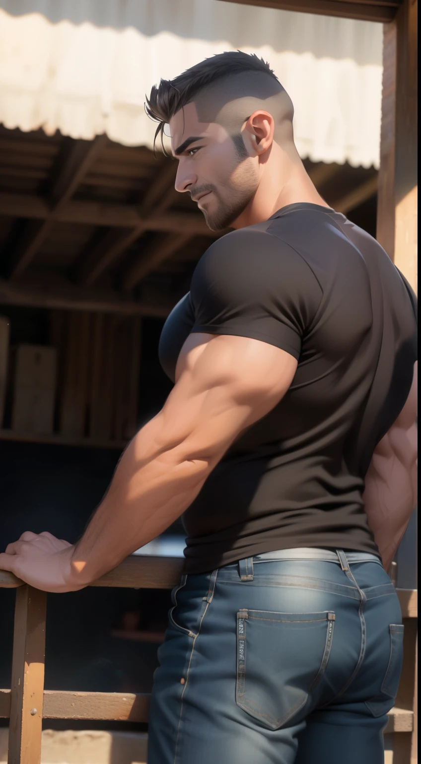 una foto original premiada，Un hombre musculoso salvaje, (40 year old daddy:1.1), 1 chico, Solo, (vistiendo una camisa a cuadros roja afuera), (camiseta gris por dentro), (hombros grandes), musculatura, rastrojos, barba corta, ojos bonitos:1.3, ), (cara detallada:1.3), Usando lentes, smiles, dynamic angle, volumetric lighting, (mejor calidad, A high resolution, fotorrealista), cinematic lighting, Obra maestra, foto cruda, detalles intrincados, hdr, profundidad de campo, Big muscular body, Big butt, pulling down his jeans backside backside 