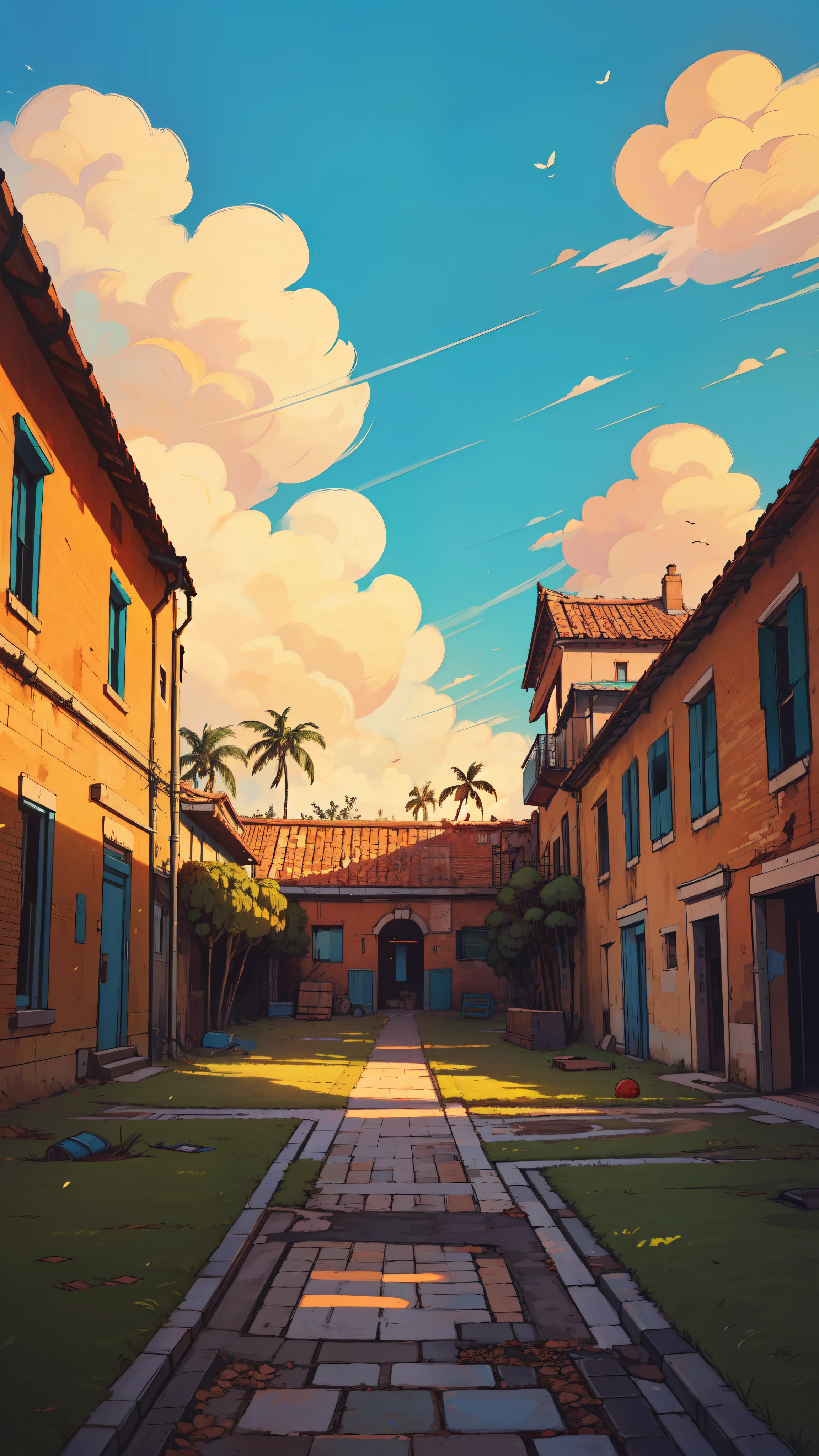wide view, playground, forest, big palm trees, windy, vibrant blue cloudy sky, red brick walls, abandoned, lonely atmosphere, day time, micro landscape, intrinsic details