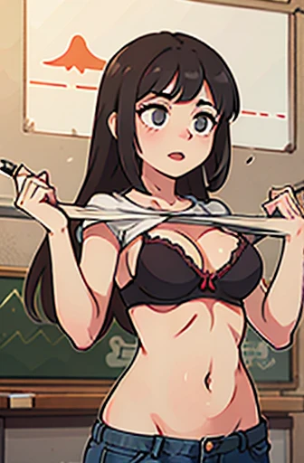Garota com cabelos pretos, lifting your shirt with your two hands, showing her black bra, dentro de uma escola