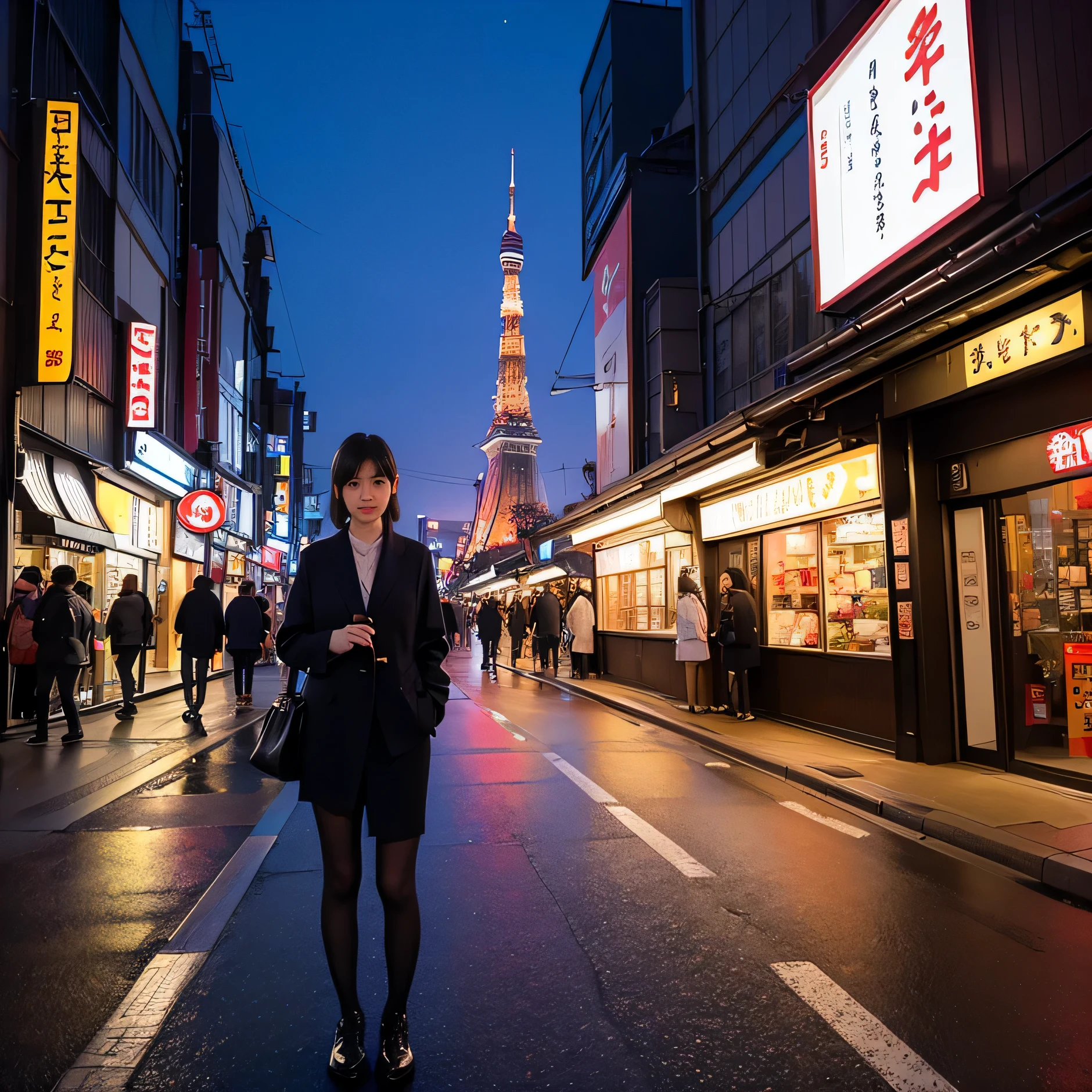 A Japanese realstic girl standing in the Street of tokyo, with tokyo tower Night view city lights