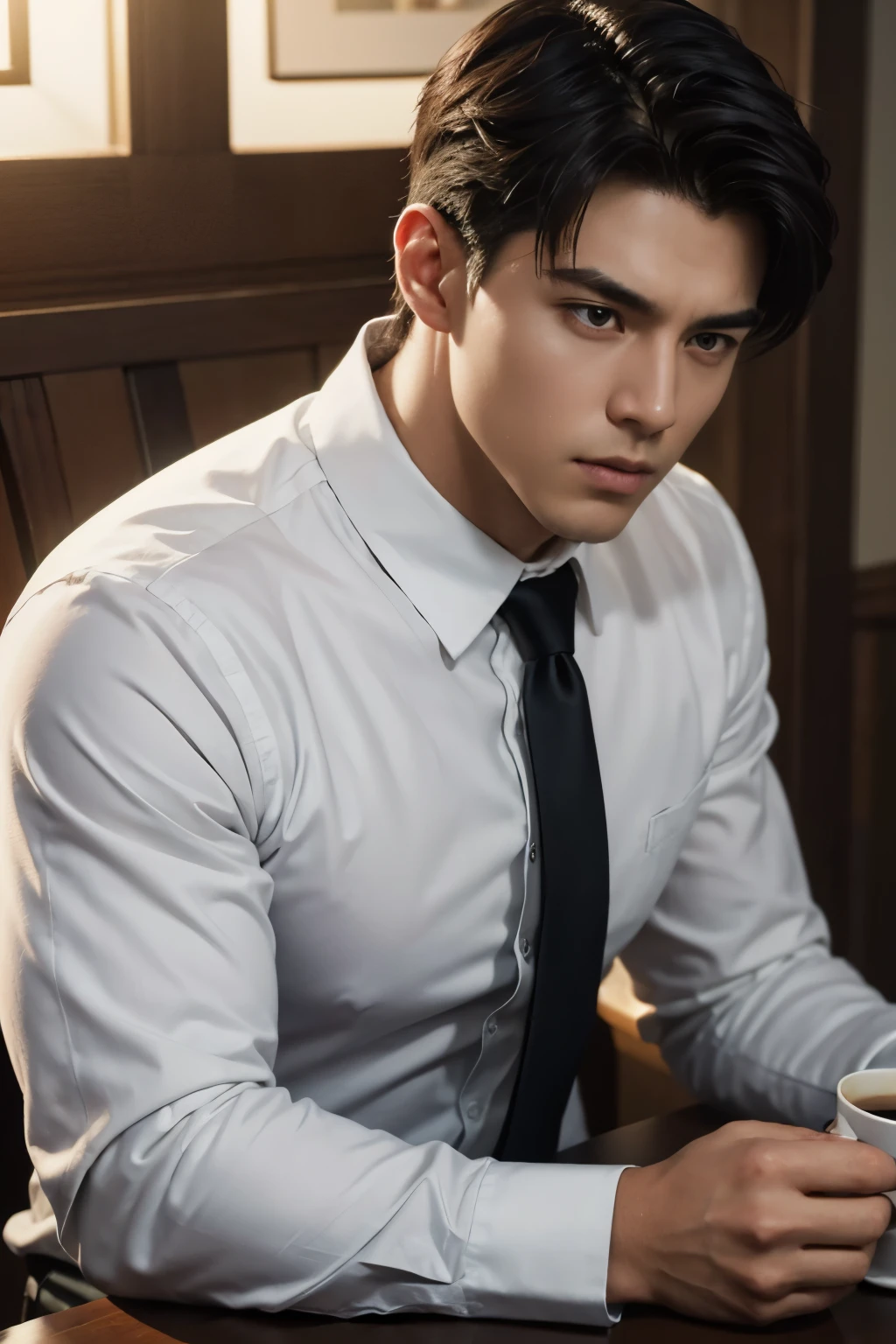 1man,
a 30 y.o muscular male wearing long-sleeve white shirt and tie, drinking coffee,
soft lighting,
masterpiece, best quality, 8k uhd, dslr, film grain, Fujifilm XT3 photorealistic painting art by midjourney and greg rutkowski