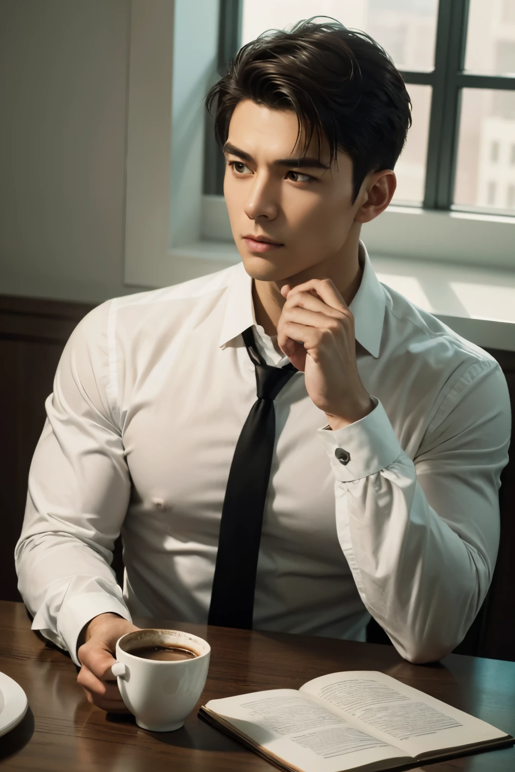 1man,
a 30 y.o muscular male wearing long-sleeve white shirt and tie, drinking coffee,
soft lighting,
masterpiece, best quality, 8k uhd, dslr, film grain, Fujifilm XT3 photorealistic painting art by midjourney and greg rutkowski