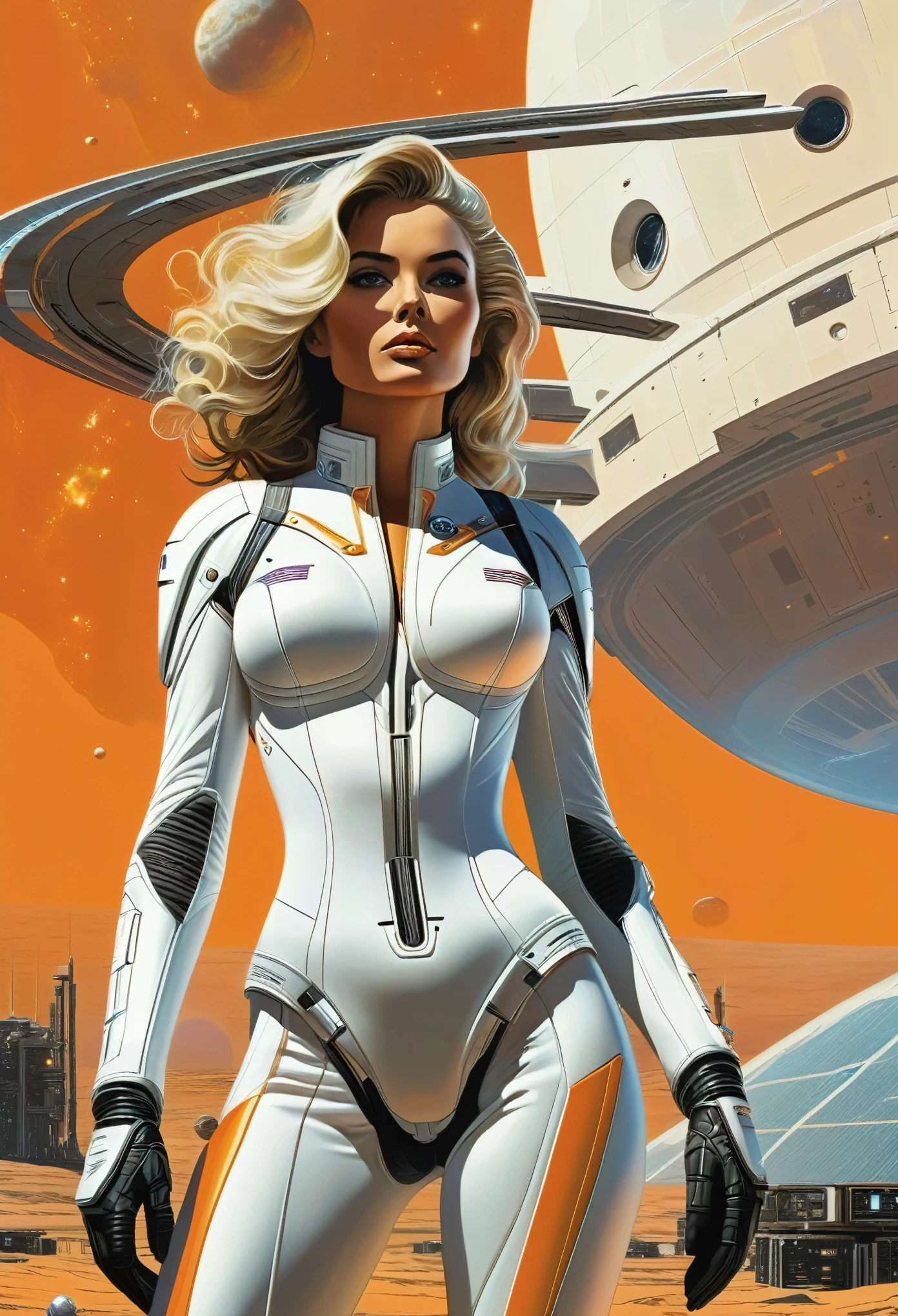 (young woman, 19 years old, blond hair, photorealistic, pale skin), (yellow (eyes:1.2)), (sexy build:1.3), (fantasy space suit), beautiful face, symmetrical face, Greg Rutkowski, wlop and Sam Kuvshinov, (long hair), blond eyelashes, large iris, large pupil, full body, standing on the background of the cosmodrome, artstation, 8k, science fiction, pastel colors, props, panel, concept, futuristic, gribble, simon stalenhag, space, in outer space, a spaceship in the sky, technological blocks