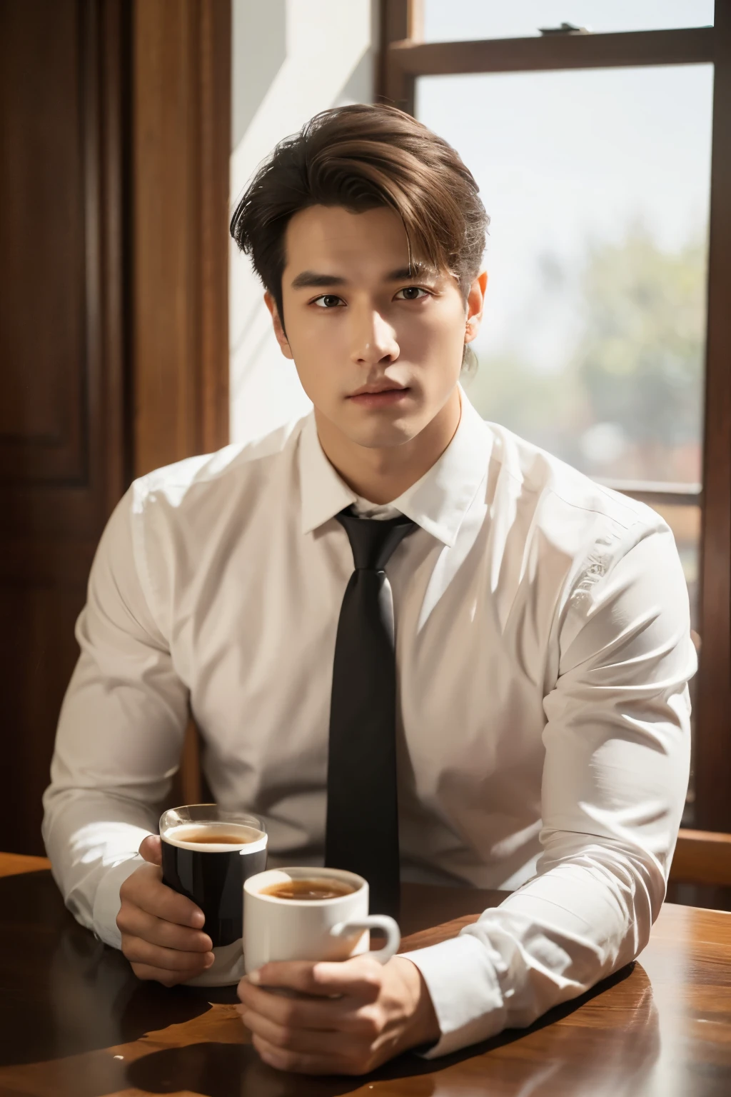 1man,
a 30 y.o muscular male wearing long-sleeve white shirt and tie, drinking coffee,
soft lighting,
masterpiece, best quality, 8k uhd, dslr, film grain, Fujifilm XT3 photorealistic painting art by midjourney and greg rutkowski