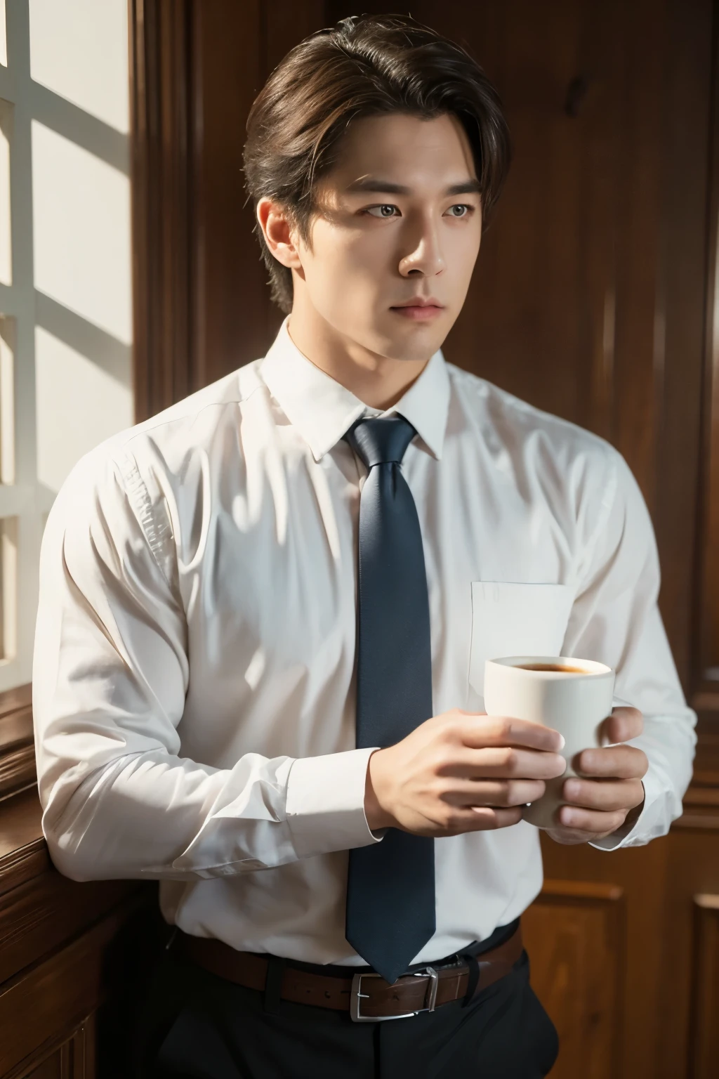 1man,
a 30 y.o muscular male wearing long-sleeve white shirt and tie, drinking coffee,
soft lighting,
masterpiece, best quality, 8k uhd, dslr, film grain, Fujifilm XT3 photorealistic painting art by midjourney and greg rutkowski