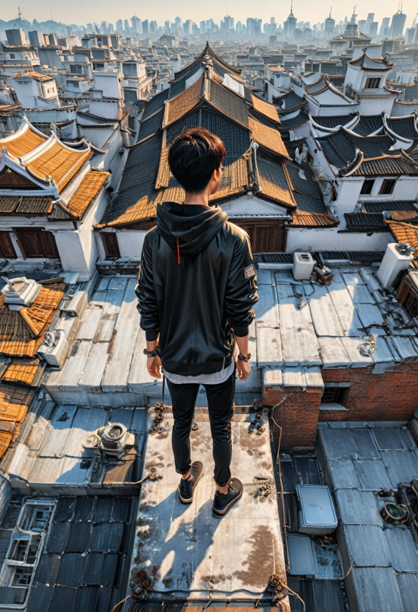 Person Standing on the Rooftop, (masterpiece, best quality, Professional, perfect composition, very aesthetic, absurdres, ultra-detailed, intricate details:1.3), by Tan_Yin