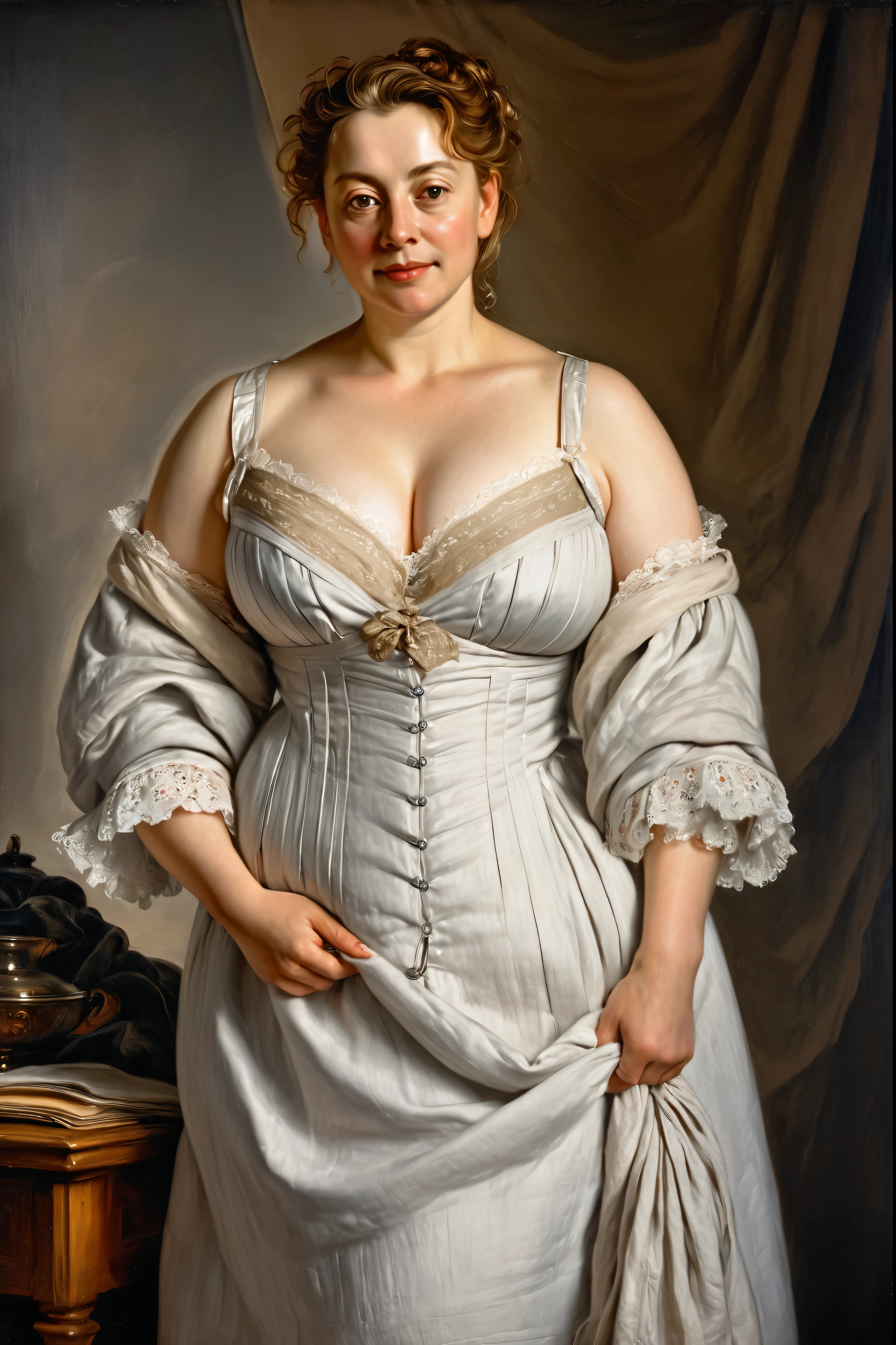 portrait painting of a thick Beautiful middle aged woman, extremely gorgeous, linen clothes, wearing a Victorian Camisole dress or chemise, by Peter Paul Rubens, in Peter Paul Rubens style, by Caravaggio, intricate, flawless, masterpiece, Best quality, wearing chemise Victorian undergarments,