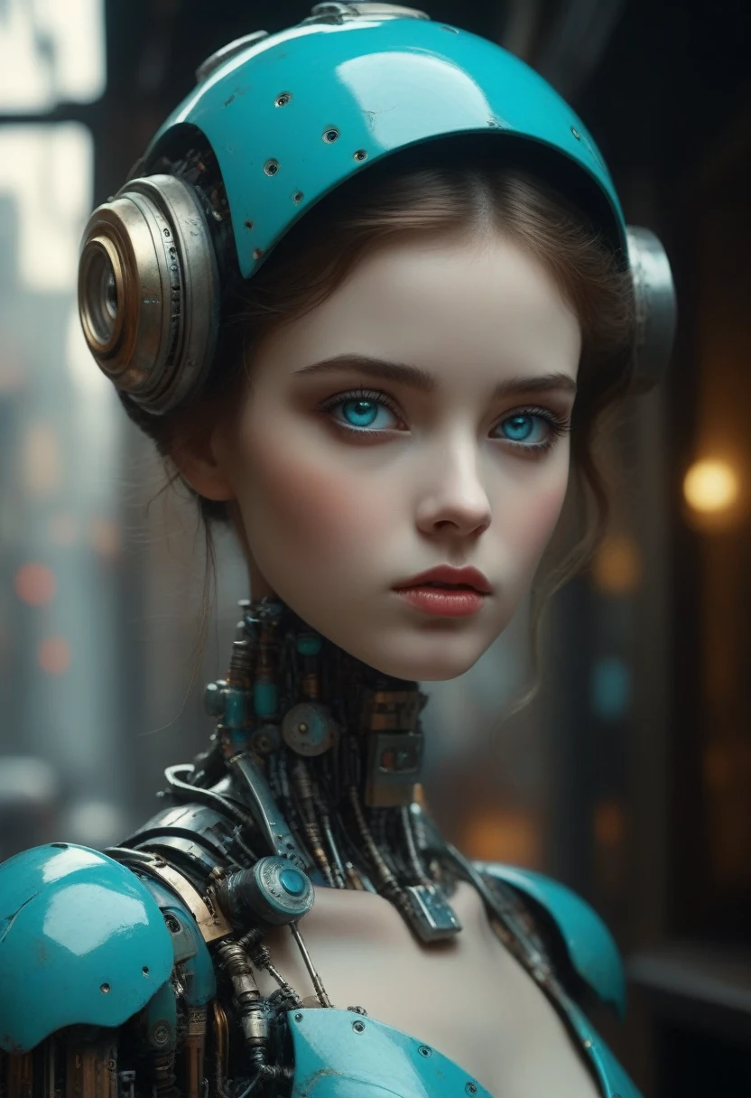 Full length view. Little funny robot, porcelain face and head, big turquoise eyes, perfect eyes, top quality style. Beautiful cinematic impressionistic picture, Dark dramatic character, in the style of Jeremy Mann and Charles Dana Gibson, Mark Demsteder, Paul Hedley.