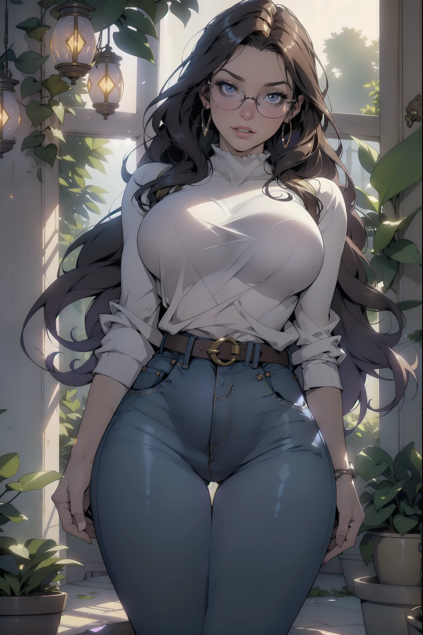 belle jeune femme, 4k, high quality, dynamic light, Dieux, beautiful lighting, dynamic lighting and shadows, light through the foliage, gros seins, gros pull lourd, pull ample, very pull ample that's too big, jeans, Lunettes, wearing Lunettes, ringard, idiot, joufflu, longs cheveux violets, points forts, peau brillante, glowing lights, Reflets lumineux, reflets de lumière chatoyants