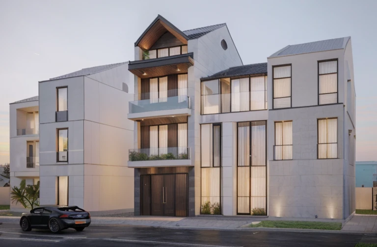 modern villa, nighttime, realistic, external, sunlight, house, the car on street in front of house, roof tiles, raw photos, 8k uh, DSLR, (Highly detailed skin:1.3), soft light, Special quality, Film texture, Fujifilm XT3, Sharp picture, best quality, genuine, High quality,