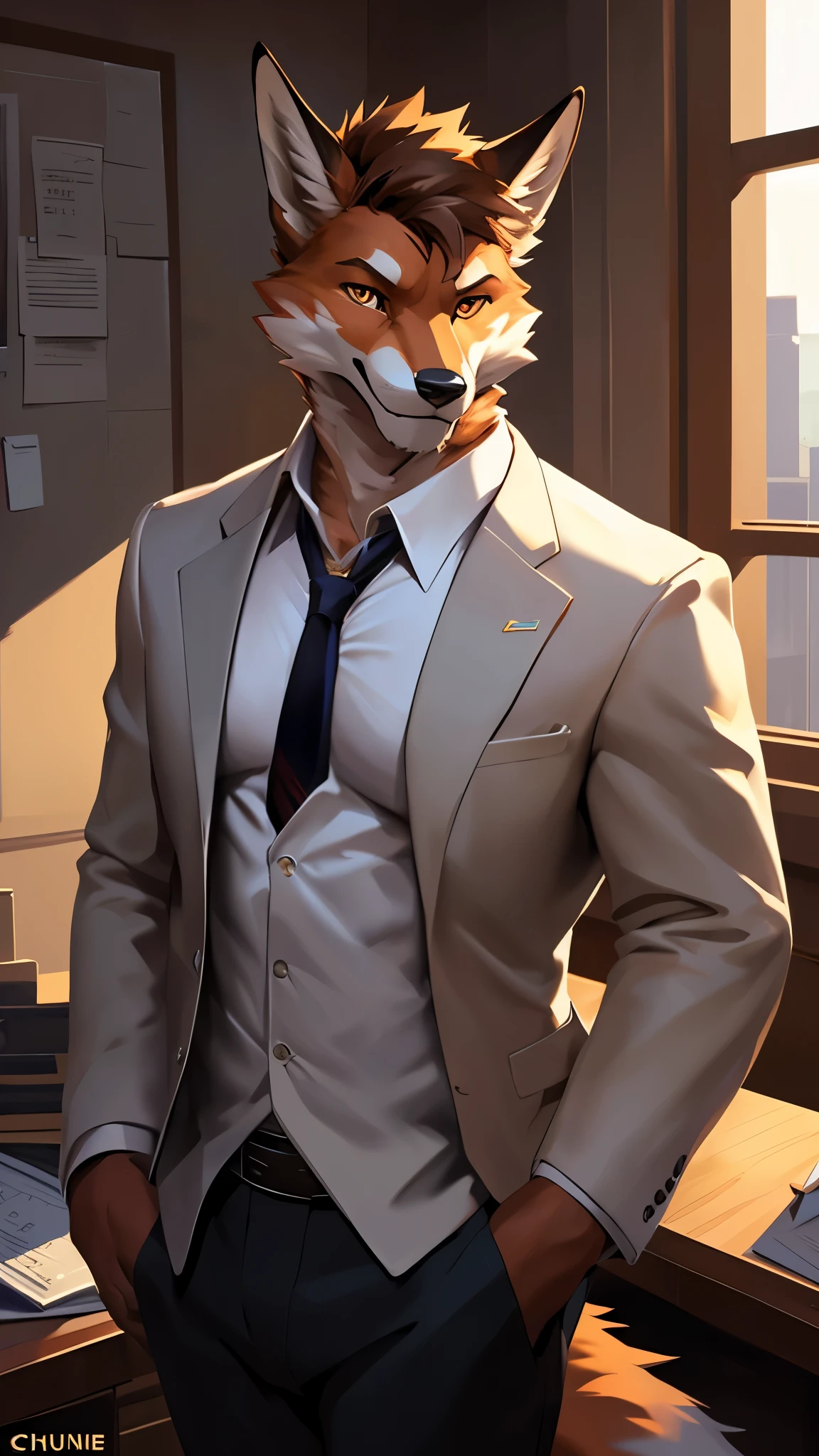 4k, high resolution, best quality, perfect colors, perfect shadows, perfect lighting, posted on e621, (by Chunie, by canyne khai, by t.y.starale), male, adult, furry, fox anthro, orange fur, light brown eyes, (Realistic eye details 1.2), white business suit wear, in the office, ABS, Full body like, Slim body, V0id3nergy, Masterpiece, dramatic lighting, soft lighting, day, highly detail, Hair coiled, perfect male figure, Detailed fur, Detailed face, Perfect face, Detailed background, (Complex), (Super Detail), (Ultra Clear), (Best Quality)