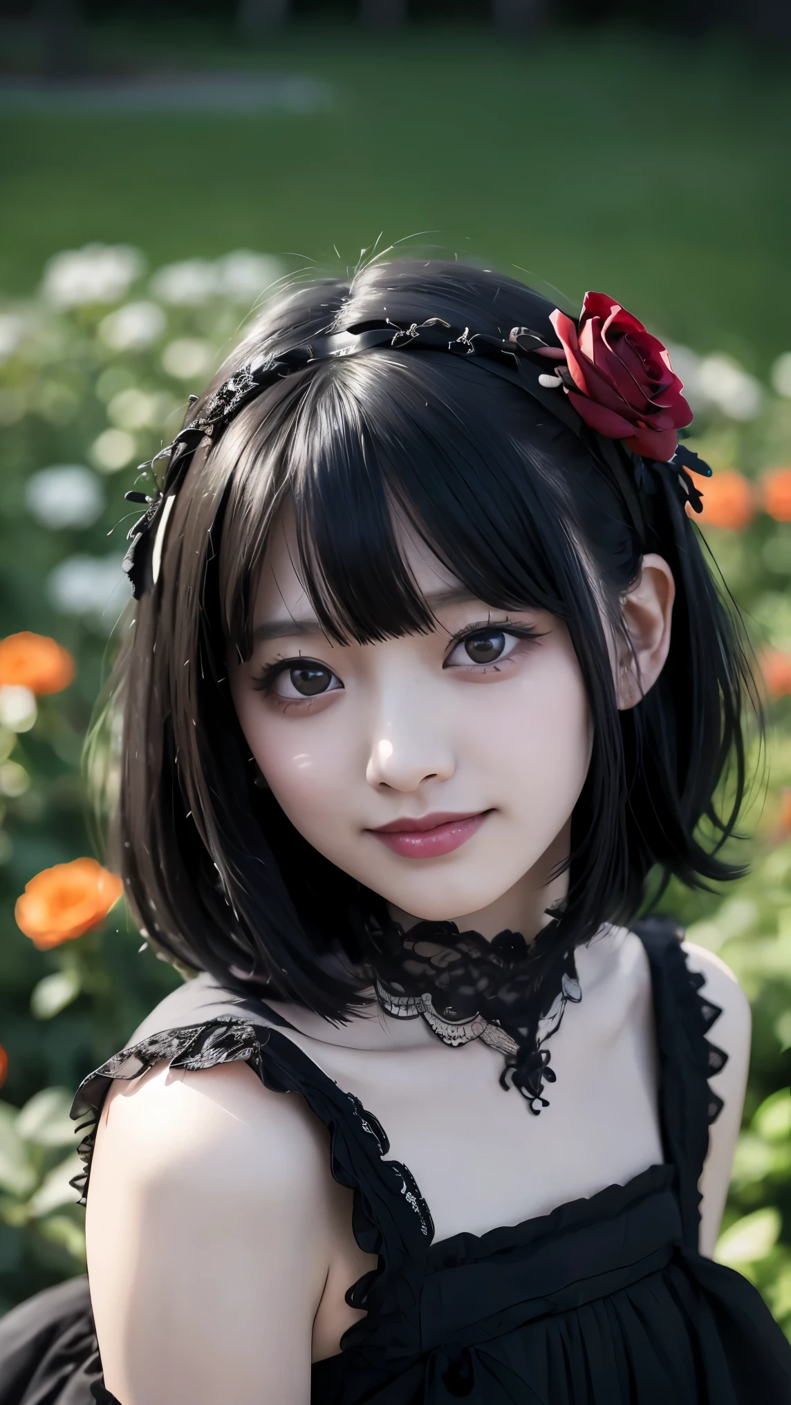 Surreal、Delicate and detailed line drawingasterpiece、highest quality、Highest quality、One Woman、(Black Hair、hime cut, Parting the bangs:1.2)、Natural Makeup、Eyelash extensions、Sharply draw eyelashes、Orange teak、Grinning, showing some teeth、A little red cheeks、16-year-old female、Dark Rose Garden、Purple roses、(Gothic dresses:1.3)、(Blur the background:1.3)、(The subject is viewed from above:1.1)