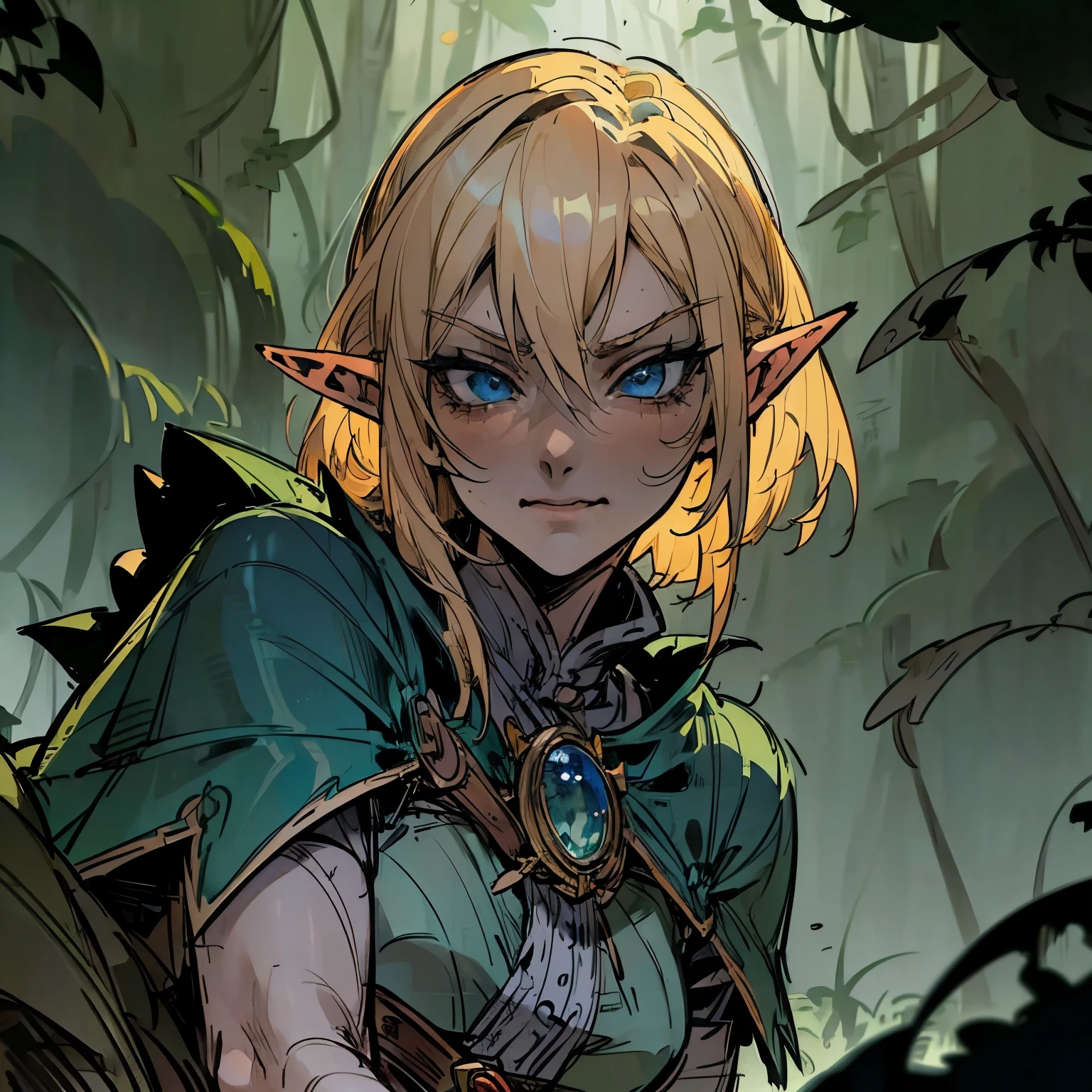 (POV: Fighting An Elf) , Blond haired tsundere elf, blue eyes, Hunter, confident, assertive, genre: dark fantasy, adventurer, smirking mischievously(Background: night time jungle forest) Dramatic moment, anime realism [Face close up, detailed face, attention to face] 