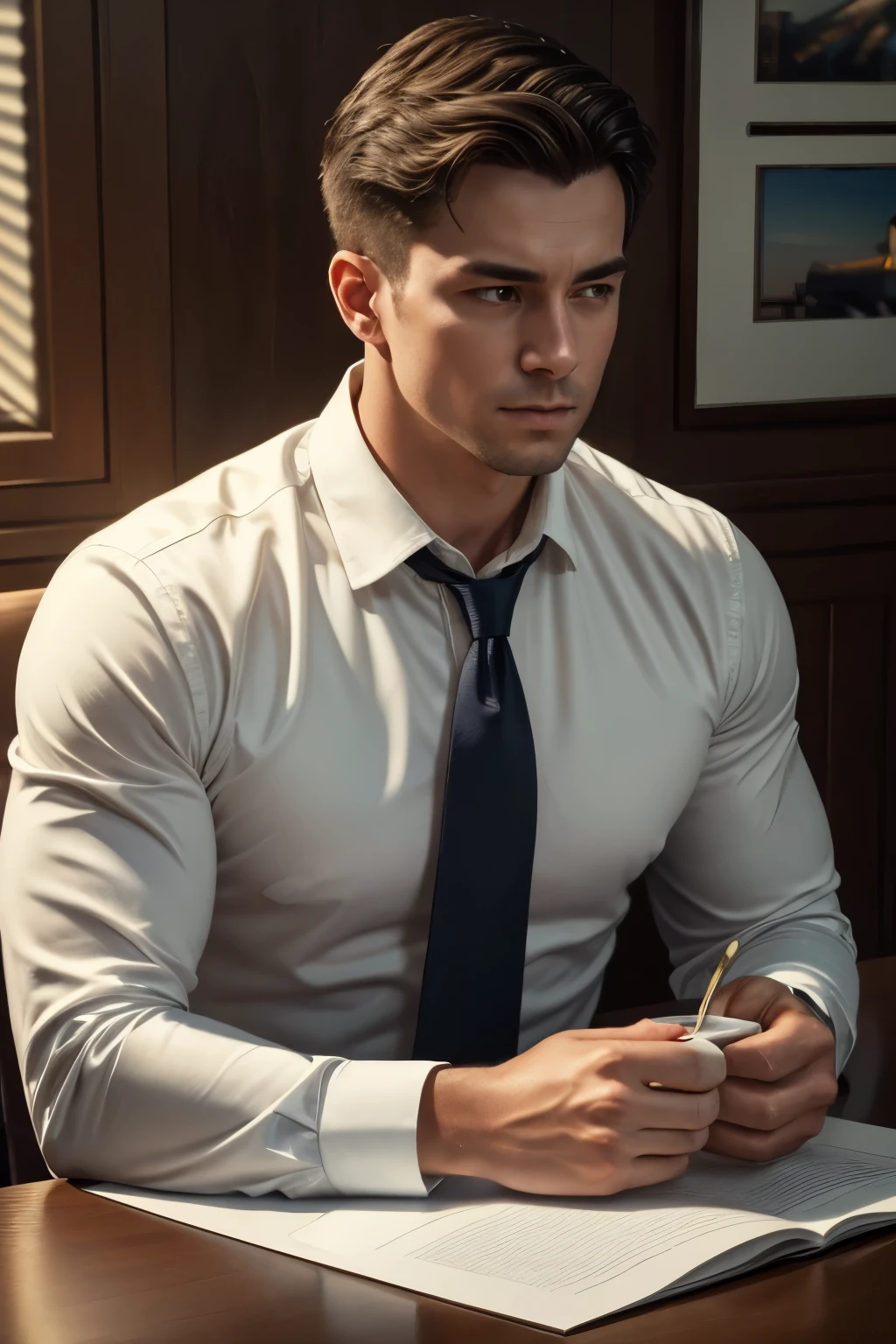 1man,
a 30 y.o muscular male wearing long-sleeve white shirt and tie, drinking coffee,
soft lighting,
masterpiece, best quality, 8k uhd, dslr, film grain, Fujifilm XT3 photorealistic painting art by midjourney and greg rutkowski