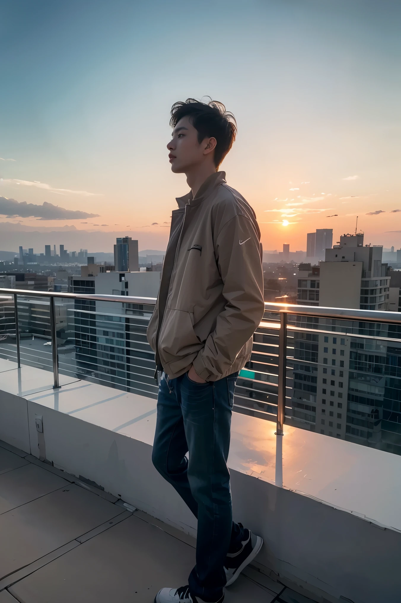 (Best Quality, 4K, 8K, High Resolution, Masterpiece: 1.2), Ultra Detail, (Realistic: 1.37), Man Standing on Rooftop, Sunset View, Cityscape Background, Breeze, Peaceful Atmosphere,