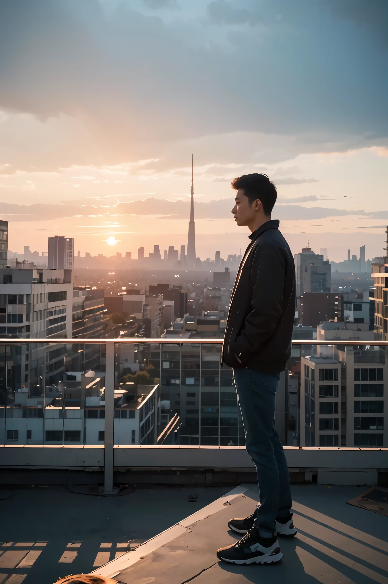 (Best Quality, 4K, 8K, High Resolution, Masterpiece: 1.2), Ultra Detail, (Realistic: 1.37), Man Standing on Rooftop, Sunset View, Cityscape Background, Breeze, Peaceful Atmosphere,