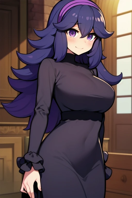 masterpiece, super detail, best quality, hex maniac, hairband, messy hair, (purple eyes:1.1), purple hair, purple hairband, @ @, black dress, dress, long dress, long sleeves, juliet sleeves, abandoned mansion