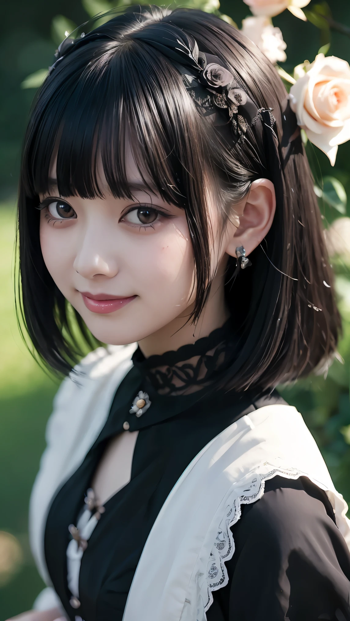 Surreal、Delicate and detailed line drawingasterpiece、highest quality、Highest quality、One Woman、(Black Hair、hime cut, Parting the bangs:1.2)、Natural Makeup、Eyelash extensions、Sharply draw eyelashes、Orange teak、Grinning, showing some teeth、A little red cheeks、16-year-old female、Dark Rose Garden、Purple roses、(Gothic dresses:1.3)、(Blur the background:1.3)、(The subject is viewed from above:1.1)
