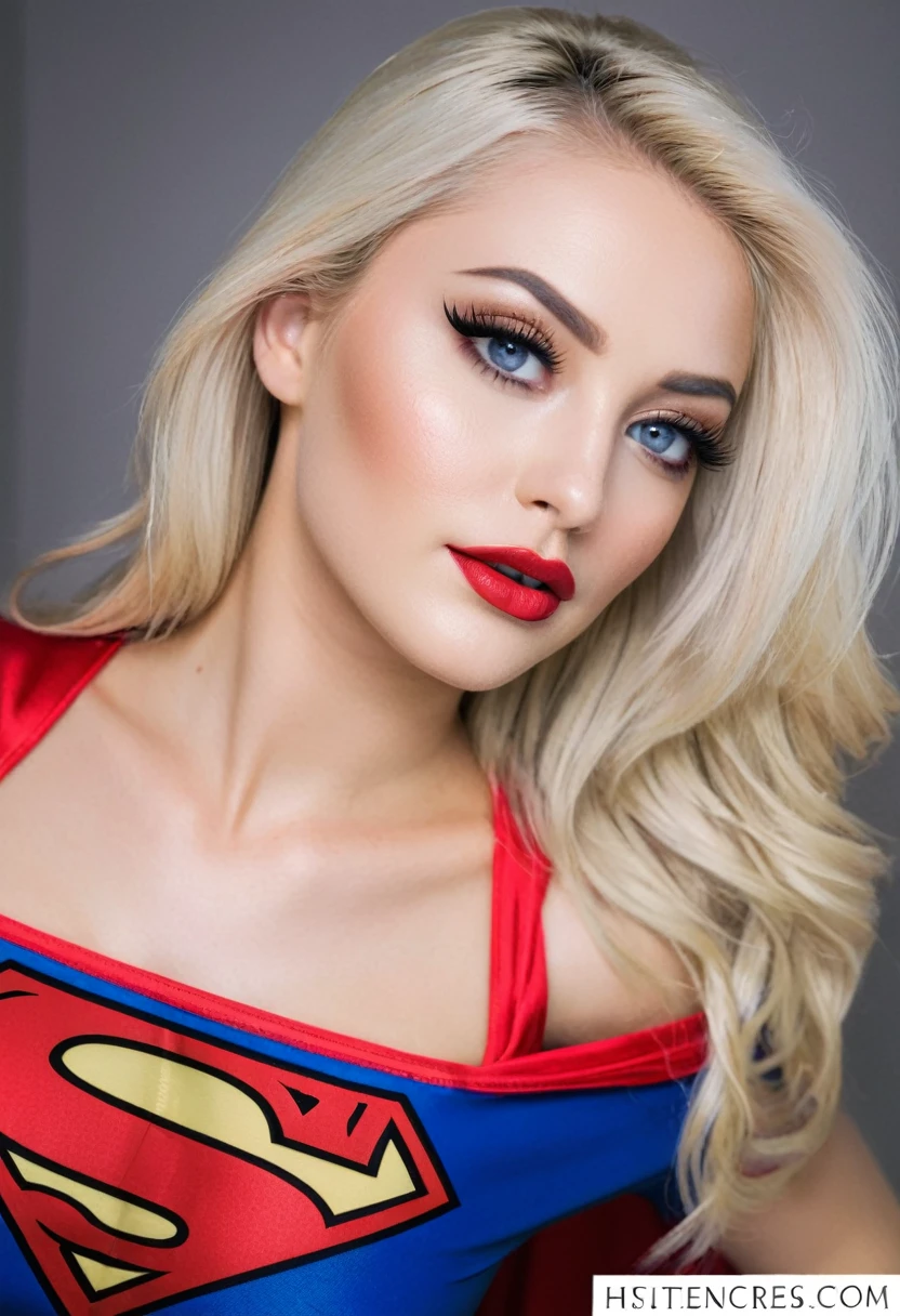 Hyper photo realistic picture perfect supergirl, perfect face, thin curved platinum blonde eyebrows, long luscious eyelashes, thick black eyeliner, black eye shadow, big eyes, Florence blue eyes, bright cheek makeup, bright red lipstick, beautiful perfect face. Curved lips, sexy supergirl shirt, supergirl mini skirt, perfect round breasts, slinder waist, perfect hips, perfect ass, krypton giant planets on sky