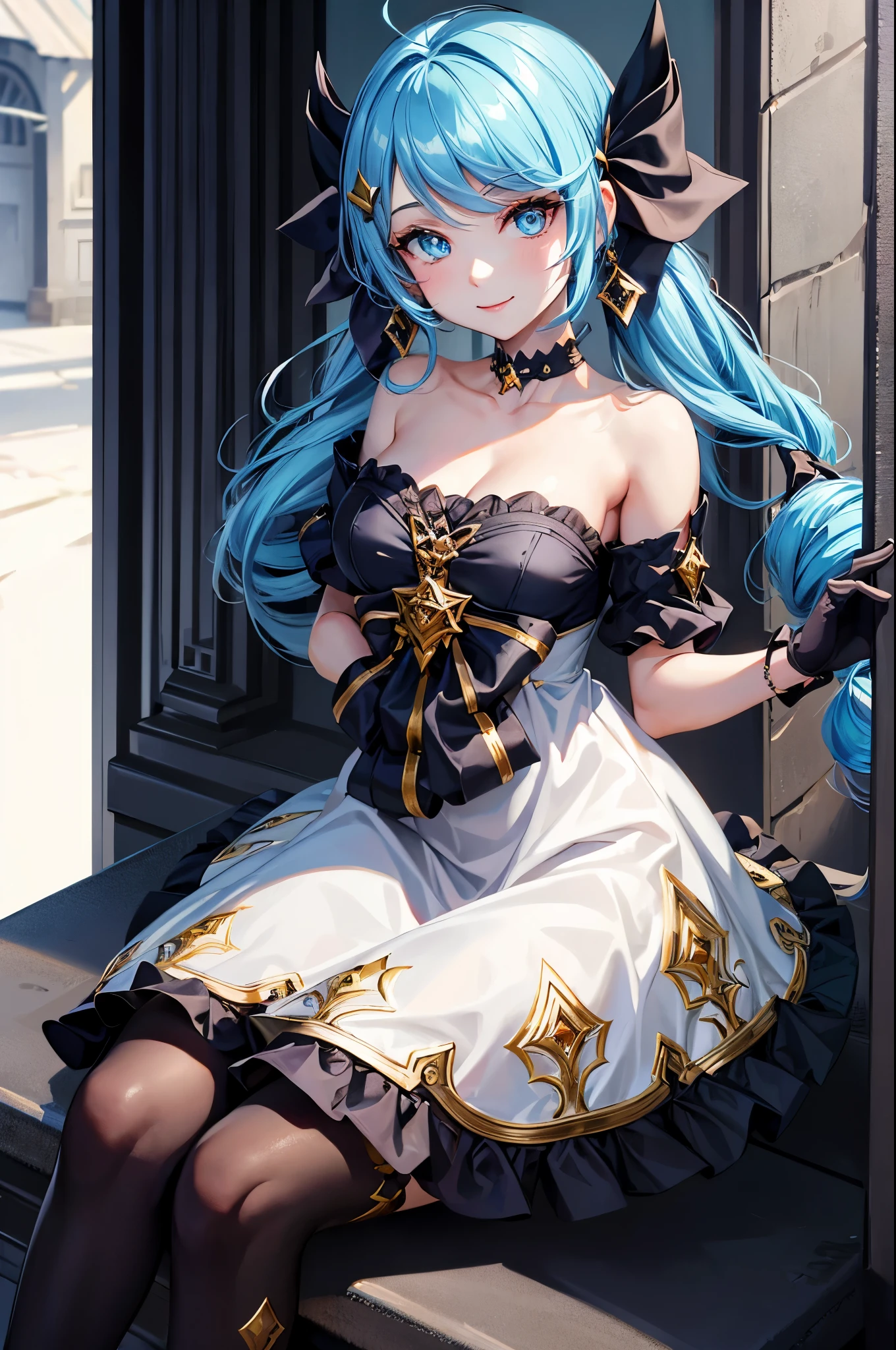 (masterpiece, best quality:1.2), expressive eyes, perfect face, highres, 1girl, solo, black bow, black gloves, black legwear, blue eyes, blue hair, bow, collarbone, dress, drill hair, frilled dress, frills, gloves, gwen \(league of legends\), hair ornament, league of legends, long hair, puffy sleeves, pantyhose, pink pupils, white dress, x, x hair ornament, smiling, waving, ((sitting)), crossed legs, upper body, looking at the viewer