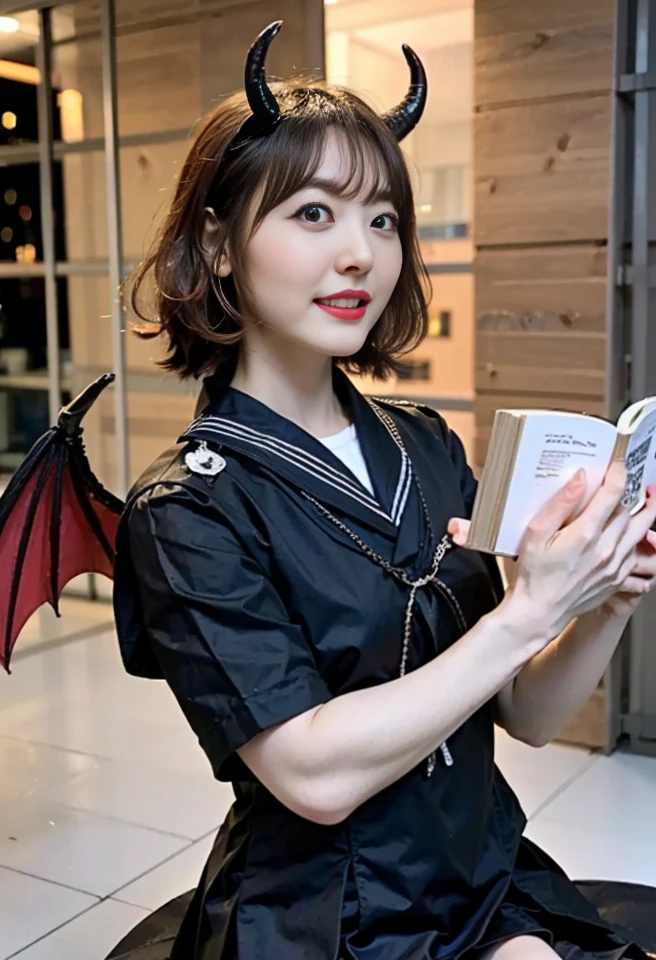 (masterpiece,highest quality,超A high resolution),Japanese women, (((Very beautiful girl))), pretty girl、View Photographer、Front view, ((bob hair)), Super cute face, glossy lips, Double eyelids on both eyes, Natural Makeup, length eyelashes, Shiny and smooth hair, Center image, Perfect limbs, Perfect Anatomy,(((black leather sailor suit、Black leather pleated skirt、belly button))),(((Black Leather Knee High Boots))), (((Very cute 16 year old succubus)))、(((length)))、(((above the head4devil horns in the book)))、(((Black giant dragon wings))、(((Night City))), Halloween, Costume, Shibuya Ward, Browsing Caution,