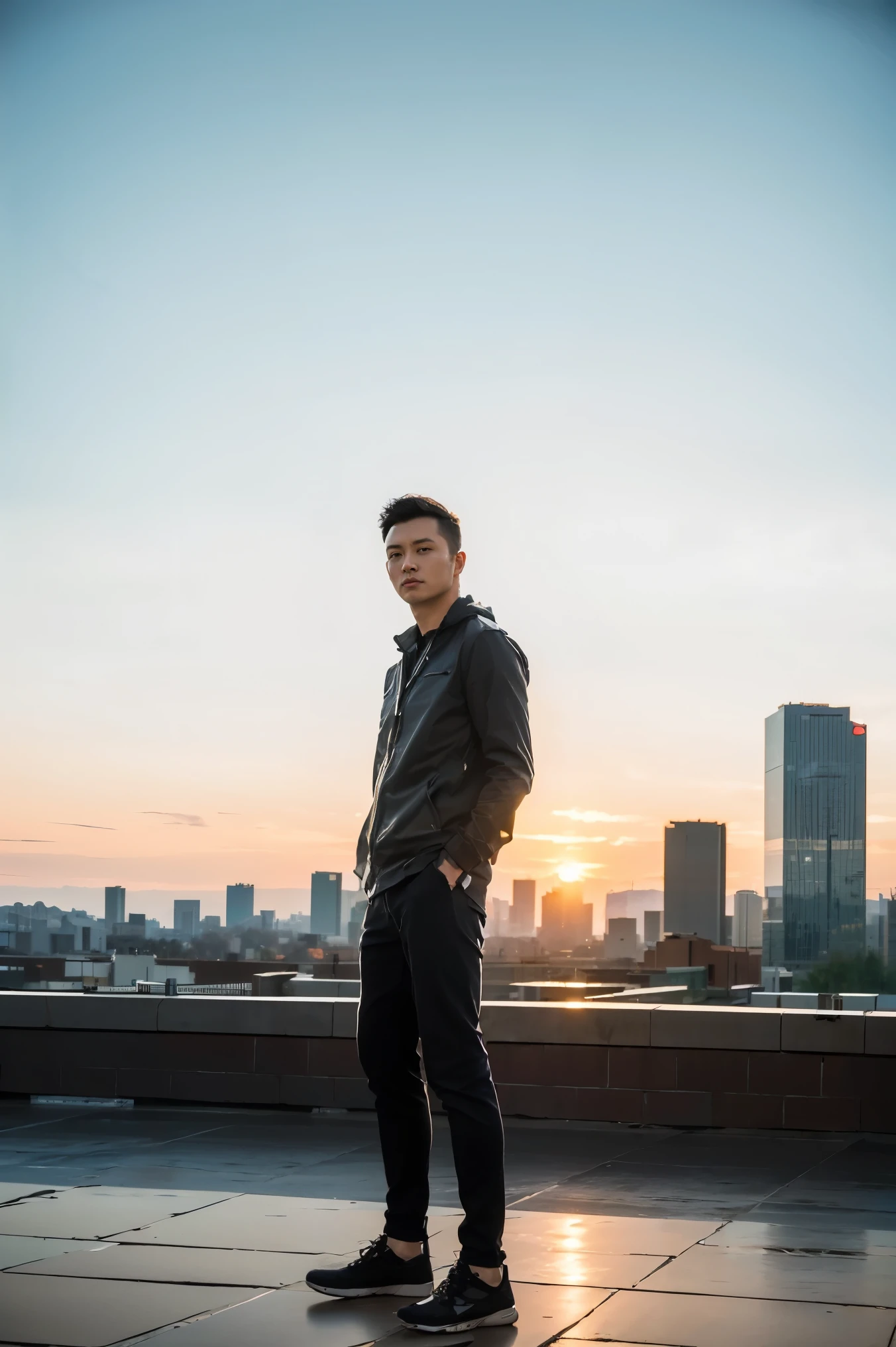 (Best Quality, 4K, 8K, High Resolution, Masterpiece: 1.2), Ultra Detail, (Realistic: 1.37), Man Standing on Rooftop, Sunset View, Cityscape Background, Breeze, Peaceful Atmosphere,