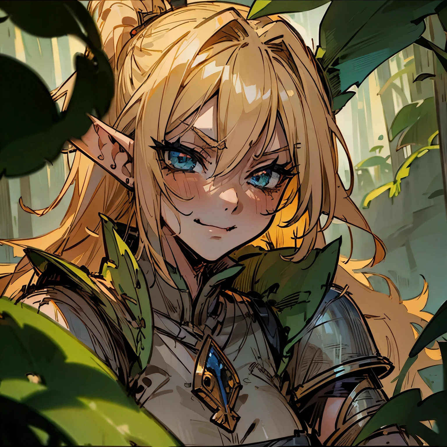 Battle, Confident Blond haired tsundere elf girl, hunting you in a jungle oasis, smirking, mischievous, dark fantasy [face close up, detailed face] 