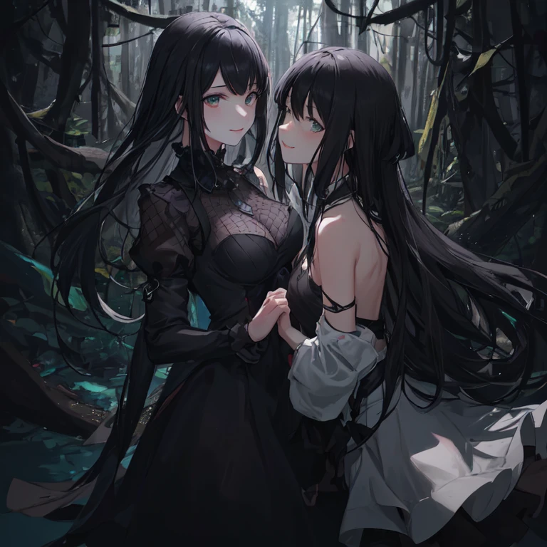 Create an image of an anime girl with black hair and a fishnet dress in a forest. She should appear as an innocent and kind human being, with a warm and compassionate expression, gentle smile, and caring eyes. The background should be green and pleasant, fitting for a forest setting. Include some people in the background who are looking at her with a happy smile. The image should convey a sense of friendliness and kindness, completely disguising any hint of her demonic or gothic appearance. The final image should be suitable for use as an anime art wallpaper in 8k, 4k, or 4k resolution.