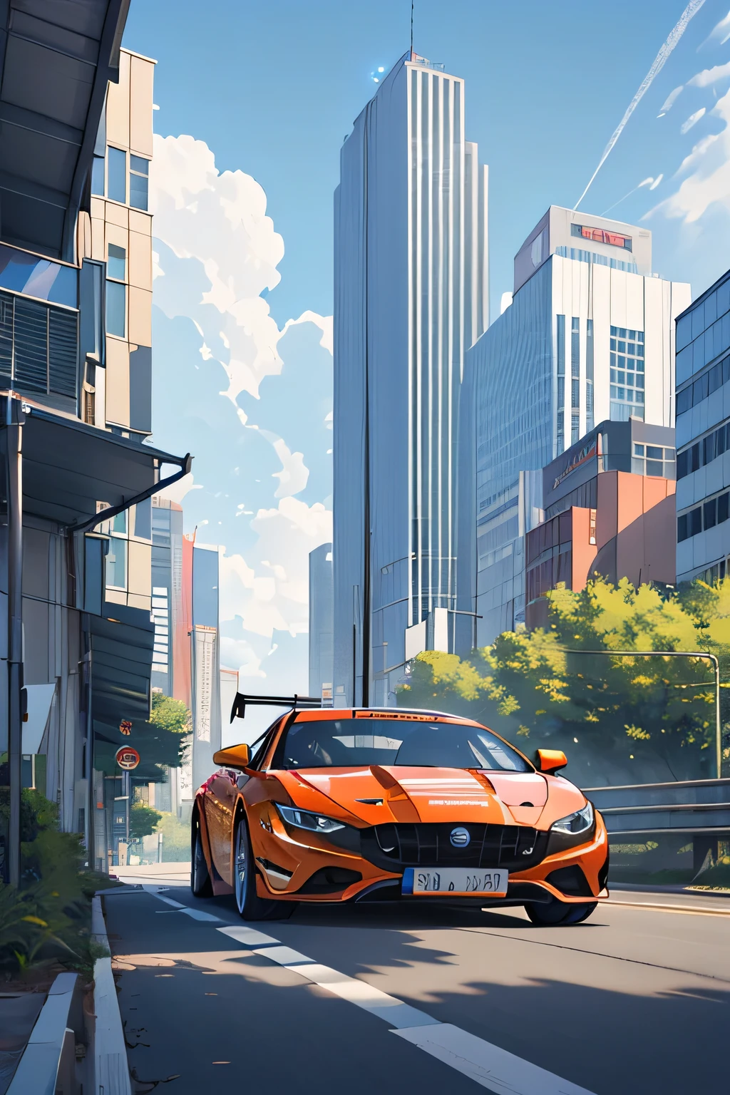 Super bright metallic-vermillion racing car is running on the expressway,
City of high transportation technology complex, high building, and towers,
Good green environmental atmosphere,
Morning sunlight with blue sky and white cloud.