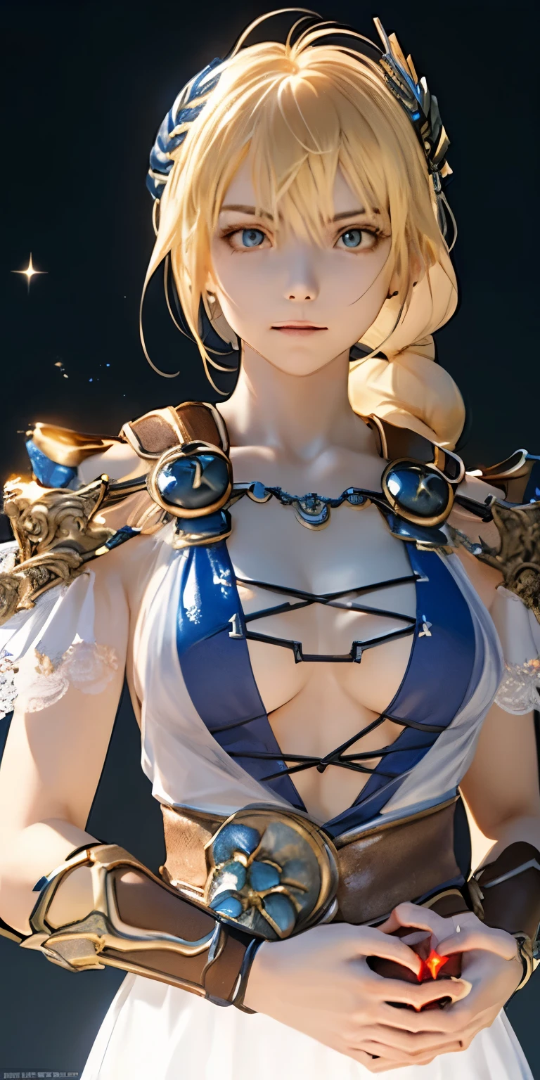 (masterpiece, best quality:1.3), Sophitia Alexandra, Soul Calibur, (upper body:1.5), anime, intricate detail, japanese style, 28 years old, look at viewer, gold hair, braid hair, (evil look:1.5), (empty eyes, simple eyes, glowing red:1.5), (covering chest by hands:1.5), (ruins blessed by the god Hephaestus, filled with a mystical air, beautiful stars spread out in a mysterious arrangement in the dark midnight:1.2),