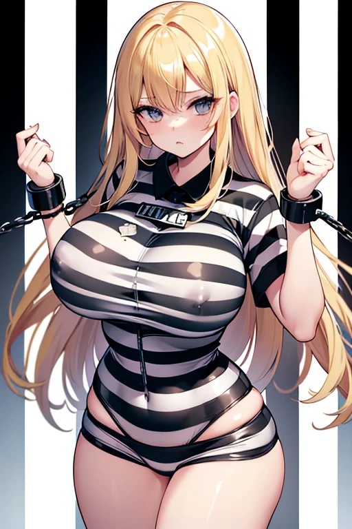 mugshot, view the viewer, Huge breast, prisoner, prison girl, jailed, prisoned, Striped black and white prison jumpsuit, Handcuffed, Restrained, shackle, domina, jail cell, lock, long blonde hair, mature woman, milf