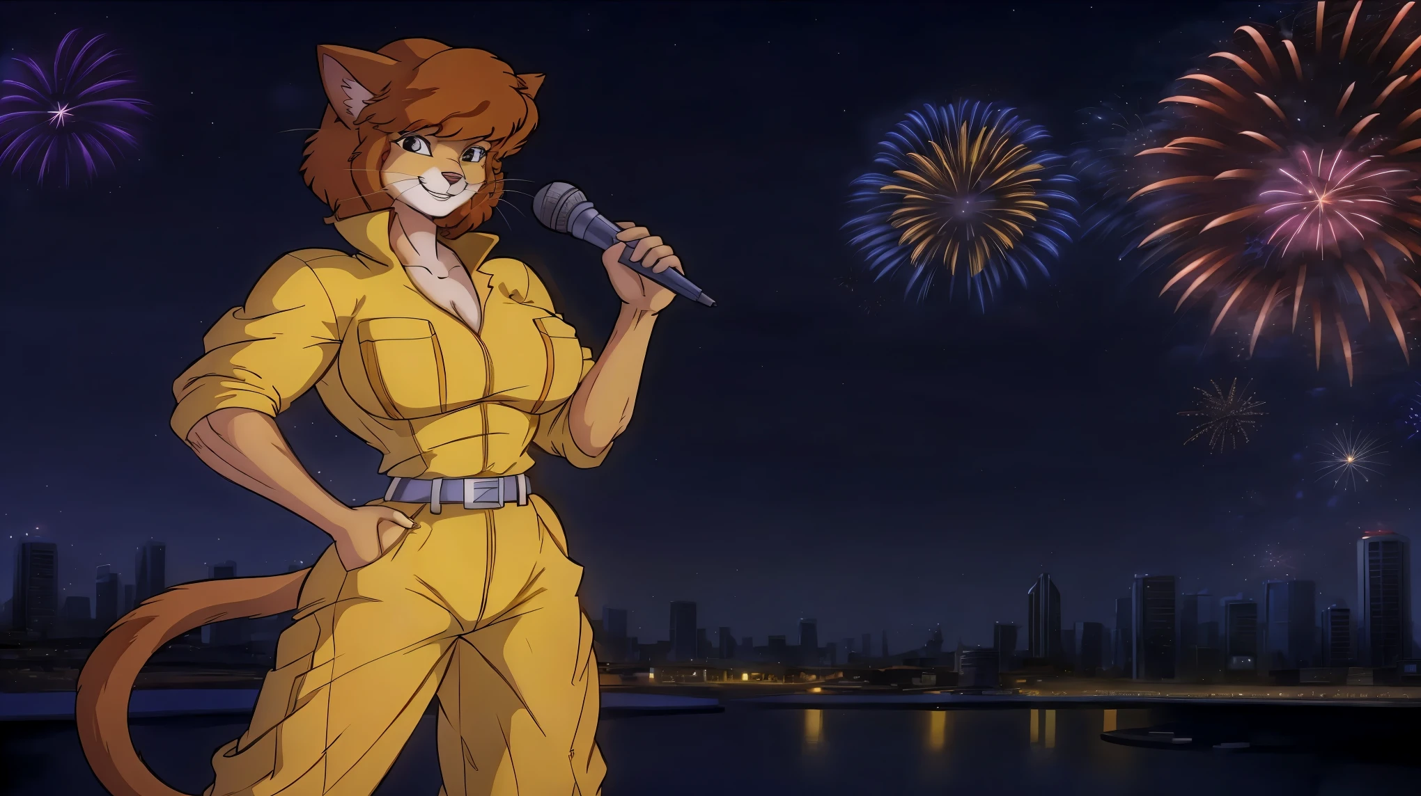 april o'neil as anthro cat casting news, anthro, furry, feline, cat, short brown hair, whiskers, yellow jumpsuit, short sleeves, sleeves rolled up, white belt, strong, microphone, night city, fireworks, looking at viewer, happy, confident, smiling