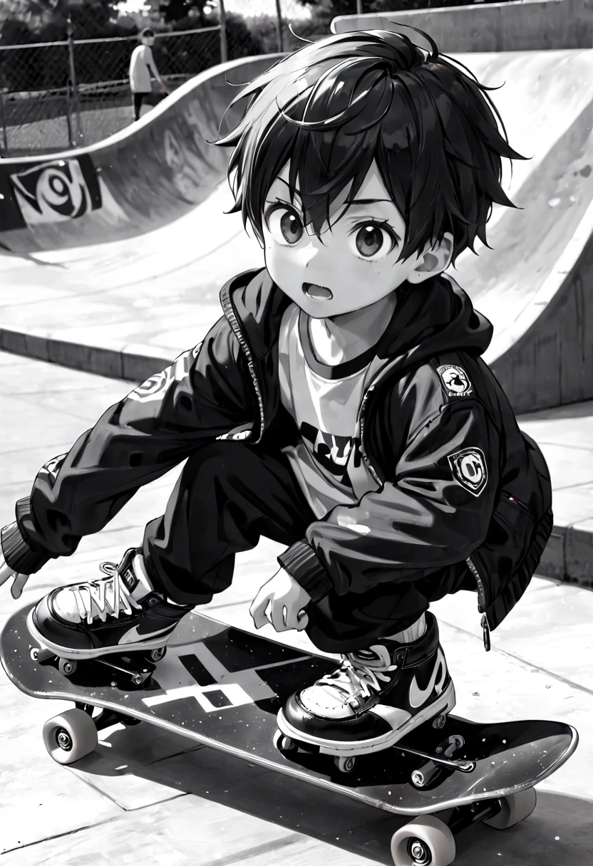 A little boy playing in the skate park, Black and white ink drawing, Hyperrealistic, splash art, concept art, mid shot, intricately detailed, dramatic, 2/3 face angle