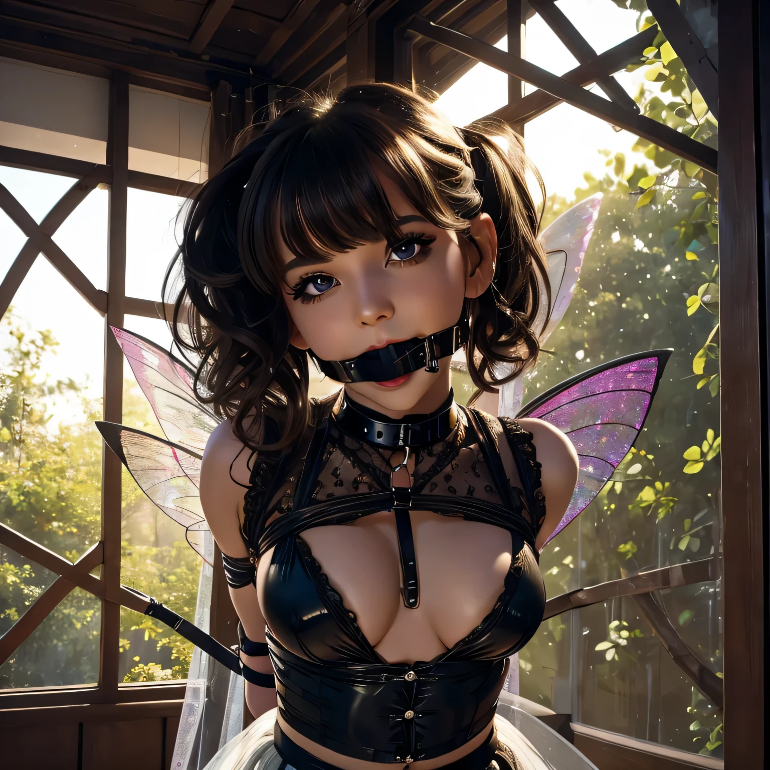 Make a picture where a beautiful fairy is bound and gagged, bound, she wearing a sheer skirt,gr3ysh33r,flirty eyes, ballgag