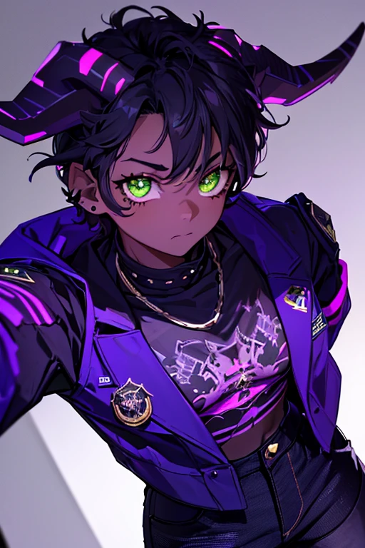 (Masterpiece) (High Detail) (High Res) (Black Skin) Looking from above A young beautiful humanoid FutEred, dark skin, soft detailed face, detailed green eyes, short scruffy black hair, goat ears, short symmetrical dark goat horns, looking smug at the camera, toned body, small to average breasts, dressed like a punk wearing a purple jacket, black jean pants