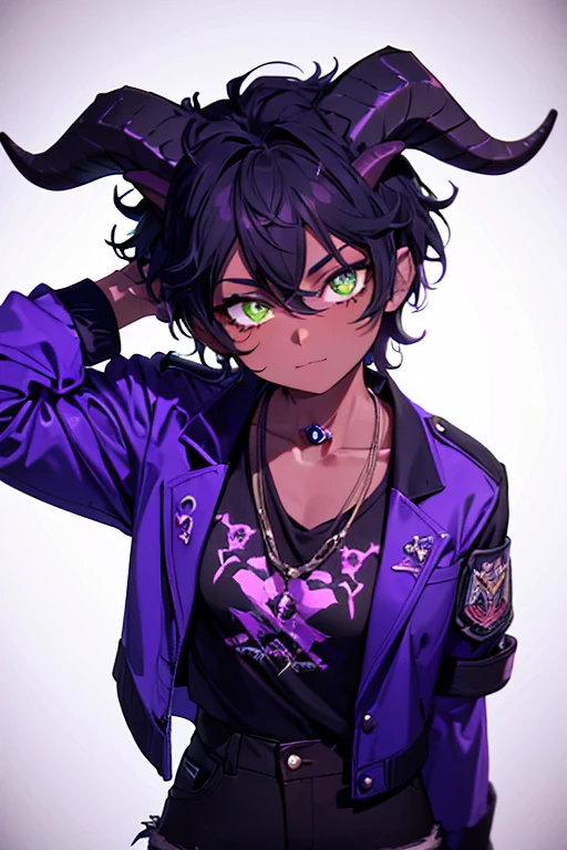 (Masterpiece) (High Detail) (High Res) (Black Skin) Looking from above A young beautiful humanoid FutEred, dark skin, soft detailed face, detailed green eyes, short scruffy black hair, goat ears, short symmetrical dark goat horns, looking smug at the camera, toned body, small to average breasts, dressed like a punk wearing a purple jacket, black jean pants