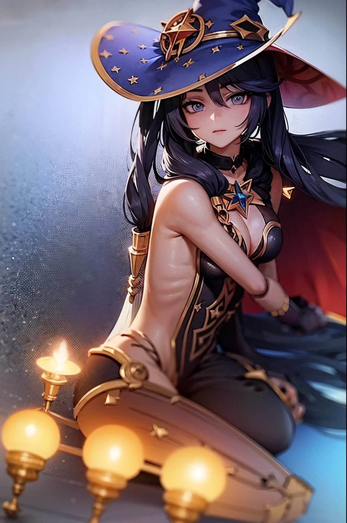 ((masterpiece)),(best quality),official art,extremely detailed CG,unity 8k wallpaper,ultra detailed,A lighthouse on a cliff by the sea,1girl,solo,upper body,(portrait:1.2),looking at viewer,witch_hat,twintails,jewelry,cape,long_hair,black_hair,black_gloves,medium_breasts,black_pantyhose,black_choker,aqua_eyes,bangs,bodystocking,hair_ornament,purple_headwear,detached_sleeves,blue_leotard,star_earrings,