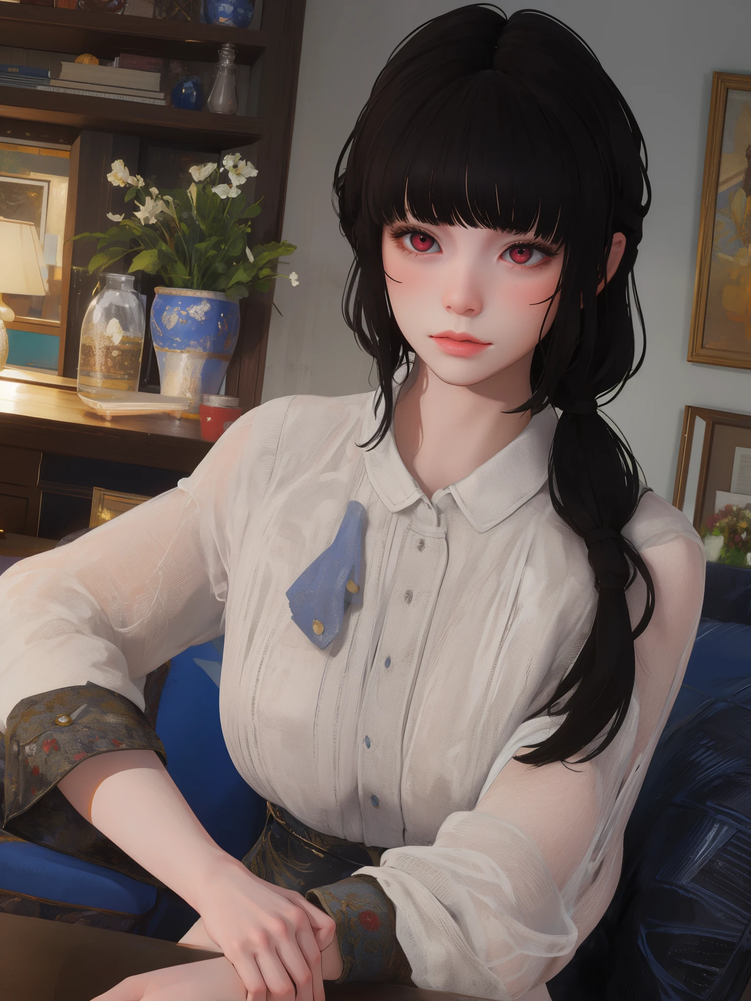 masterpiece, highly detailed, best quality, 1girl, solo, Luna, black hair, loose low tied hair, red eyes, distracted 