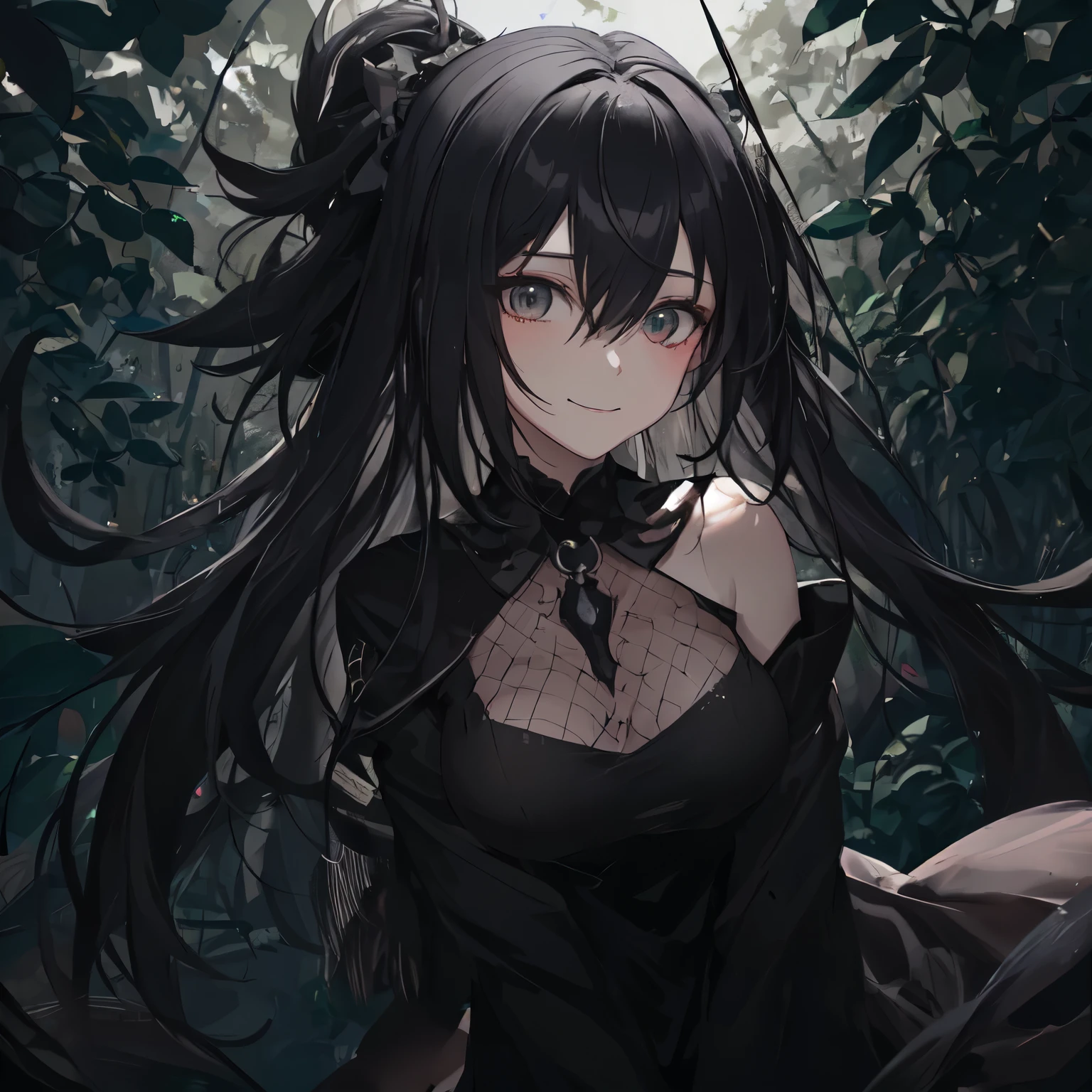 Create an image of an anime girl with black hair and a fishnet dress in a forest. She should appear as an innocent and kind human being, with a warm and compassionate expression, gentle smile, and caring eyes. The background should be green and pleasant, fitting for a forest setting. Include some people in the background who are looking at her with a happy smile. The image should convey a sense of friendliness and kindness, completely disguising any hint of her demonic or gothic appearance. The final image should be suitable for use as an anime art wallpaper in 8k, 4k, or 4k resolution.

